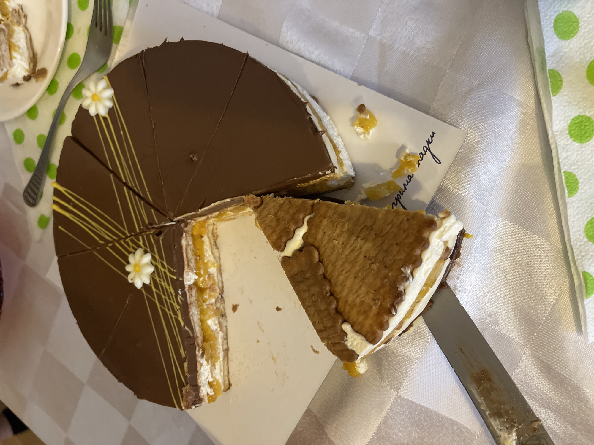 A partially sliced cake is on a white plate. The cake has a chocolate topping, layered filling, and is decorated with yellow lines and white flowers. A slice has been removed, and a knife is resting next to it. The plate is sitting on a tablecloth, part of which has a white background with green polka dots. A fork and a plate with a piece of cake are visible in the upper left corner. The setting might be a private residence in Sofia, Bulgaria.