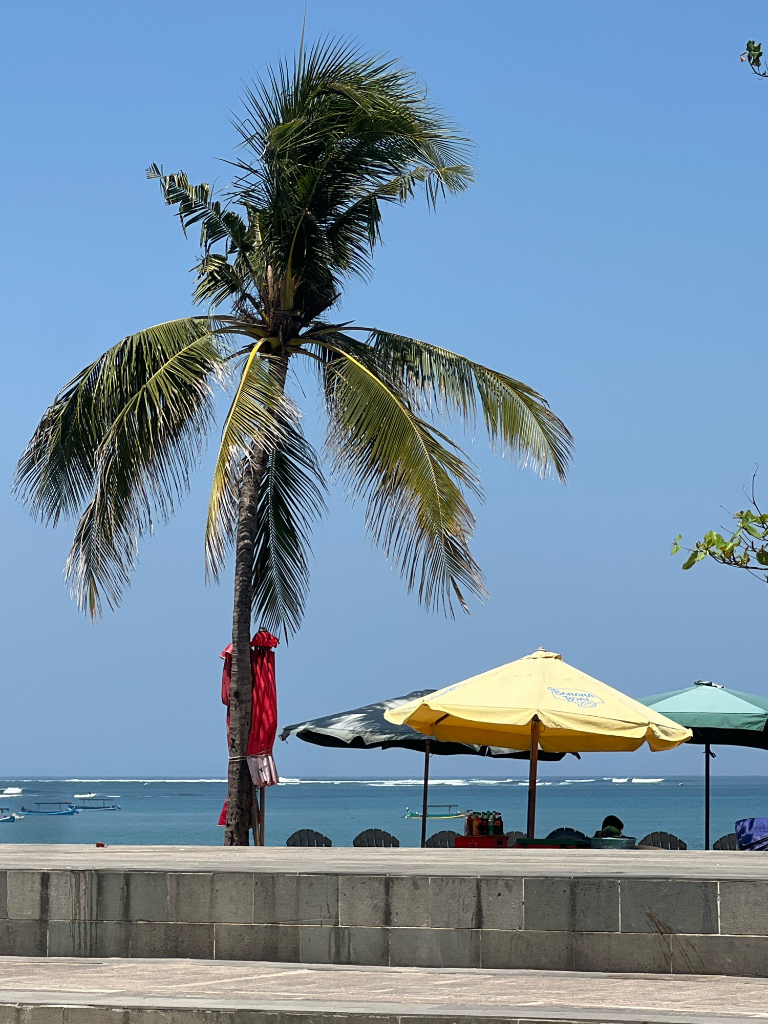 A bright, sunny day at Kuta Beach, Indonesia is depicted in this photograph. The focal point of the image is a tall, mature palm tree with its fronds gently swaying in the breeze. A piece of vibrant red fabric is tied around the lower trunk of the palm tree. In the background, the turquoise waters of the ocean stretch to the horizon, dotted with a few small boats. Several beach umbrellas are set up, including a prominent yellow umbrella with the "Banana Boat" logo and a dark-patterned umbrella. Chairs are visible behind the umbrellas, suggesting a seating area for beachgoers. The foreground features a concrete walkway and a low stone wall, indicating a developed area along the beachfront. The sky is a clear, cloudless blue.