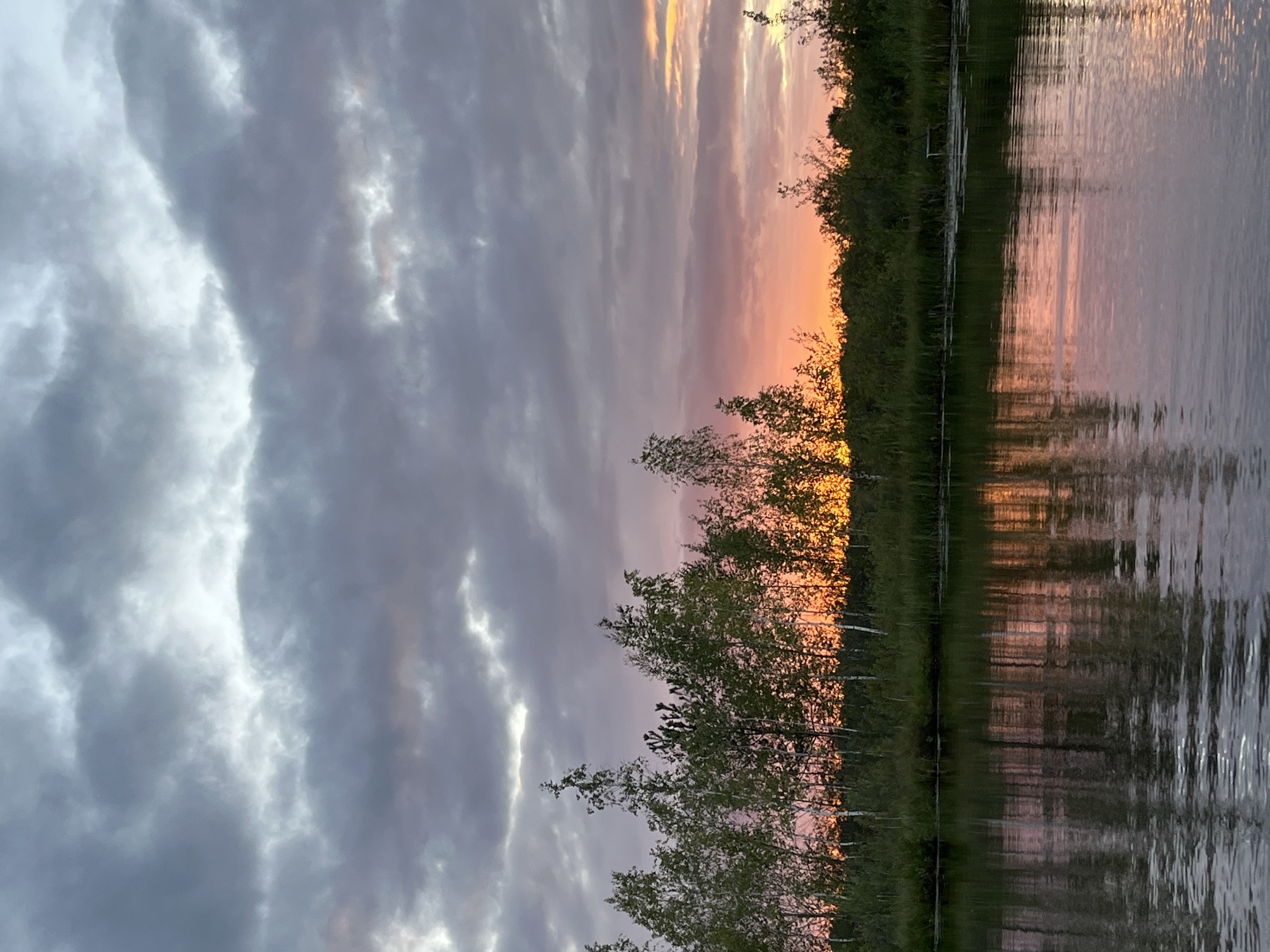 The image captures a serene natural landscape at dusk, likely in or near Дунілавіцкі сельскі Савет, Belarus. A body of water, possibly a lake or river, occupies the foreground, reflecting the sky and the treeline. The water's surface is gently rippled, creating abstract patterns of light and color. Along the horizon, a dense treeline of deciduous trees, including birches with their distinctive white bark, stands silhouetted against a dramatic sky. The sky itself is a canvas of heavy, gray clouds interspersed with areas of vibrant sunset hues, ranging from soft pinks and oranges to streaks of bright yellow, indicating the sun is low on the horizon. The overall atmosphere is one of quietude and natural beauty.