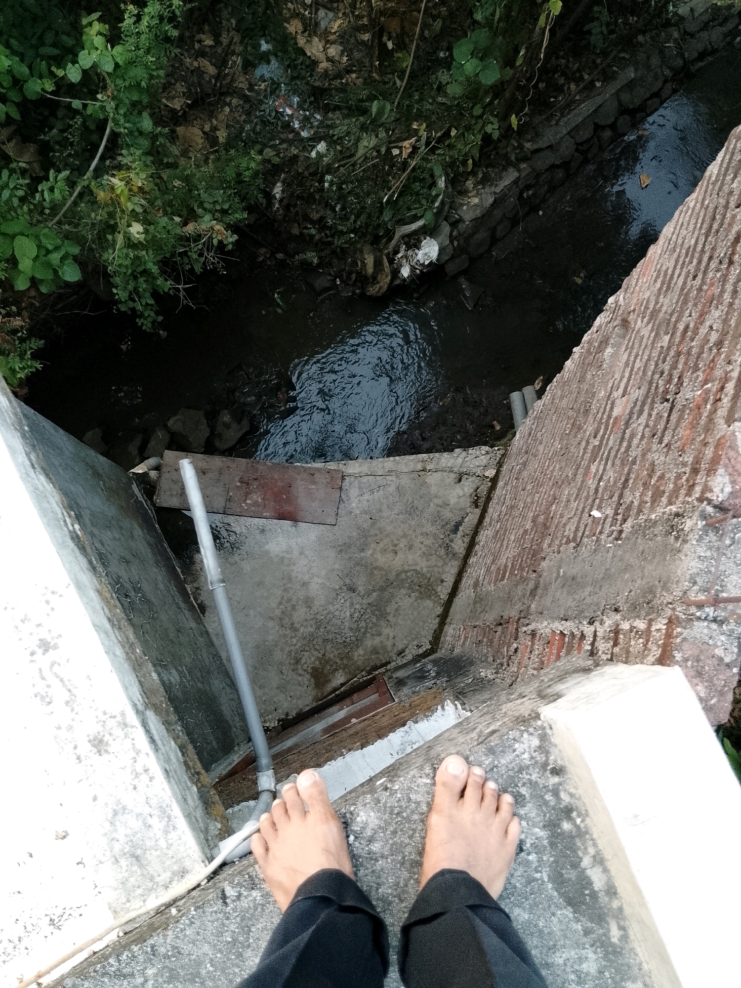 A high-angle, close-up shot shows a pair of bare feet standing on a concrete ledge overlooking a narrow, dark-colored water channel. The water channel appears to be a small stream or canal, with rough stone walls and some debris on its banks, including what looks like plastic waste. Overhanging the channel on the left is dense, green foliage, possibly from trees or bushes. On the right side of the image, the textured surface of a brick wall rises. The concrete ledge the feet are standing on is worn and weathered. The overall scene suggests an outdoor urban or semi-urban environment, likely in a location such as Pasuruan, Indonesia, where such water channels are common. The perspective is from someone standing at the edge of a bridge or elevated walkway, looking down.