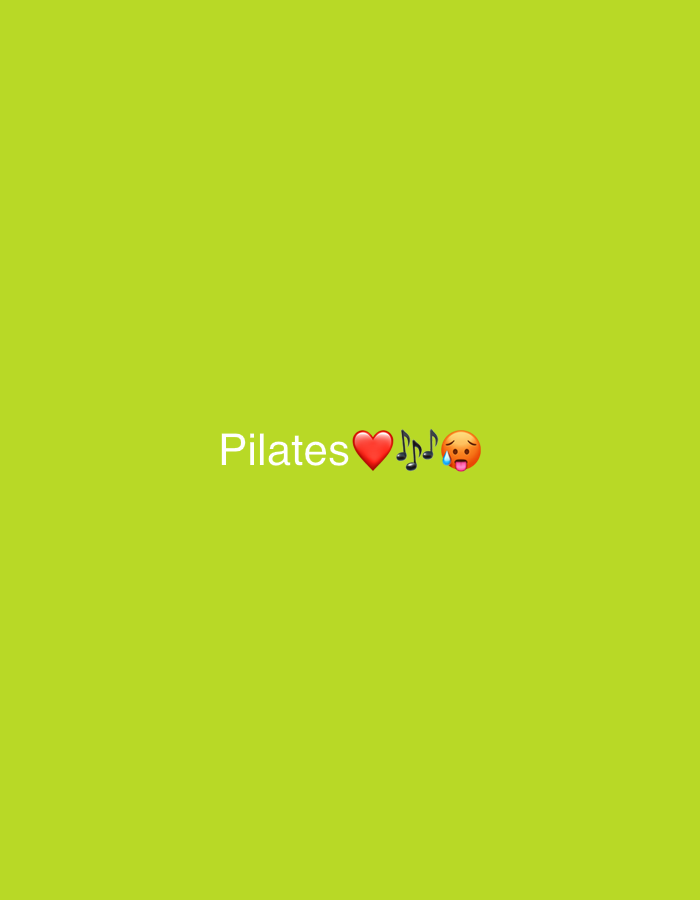 The image is a plain, bright green background with the word "Pilates" written in white text at the bottom center. To the right of "Pilates" are three emojis: a red heart, two musical notes, and a flushed face emoji with its tongue sticking out. The image does not depict any recognizable location in Rafin Par, Nigeria, or any people or specific objects that could be tied to that location.