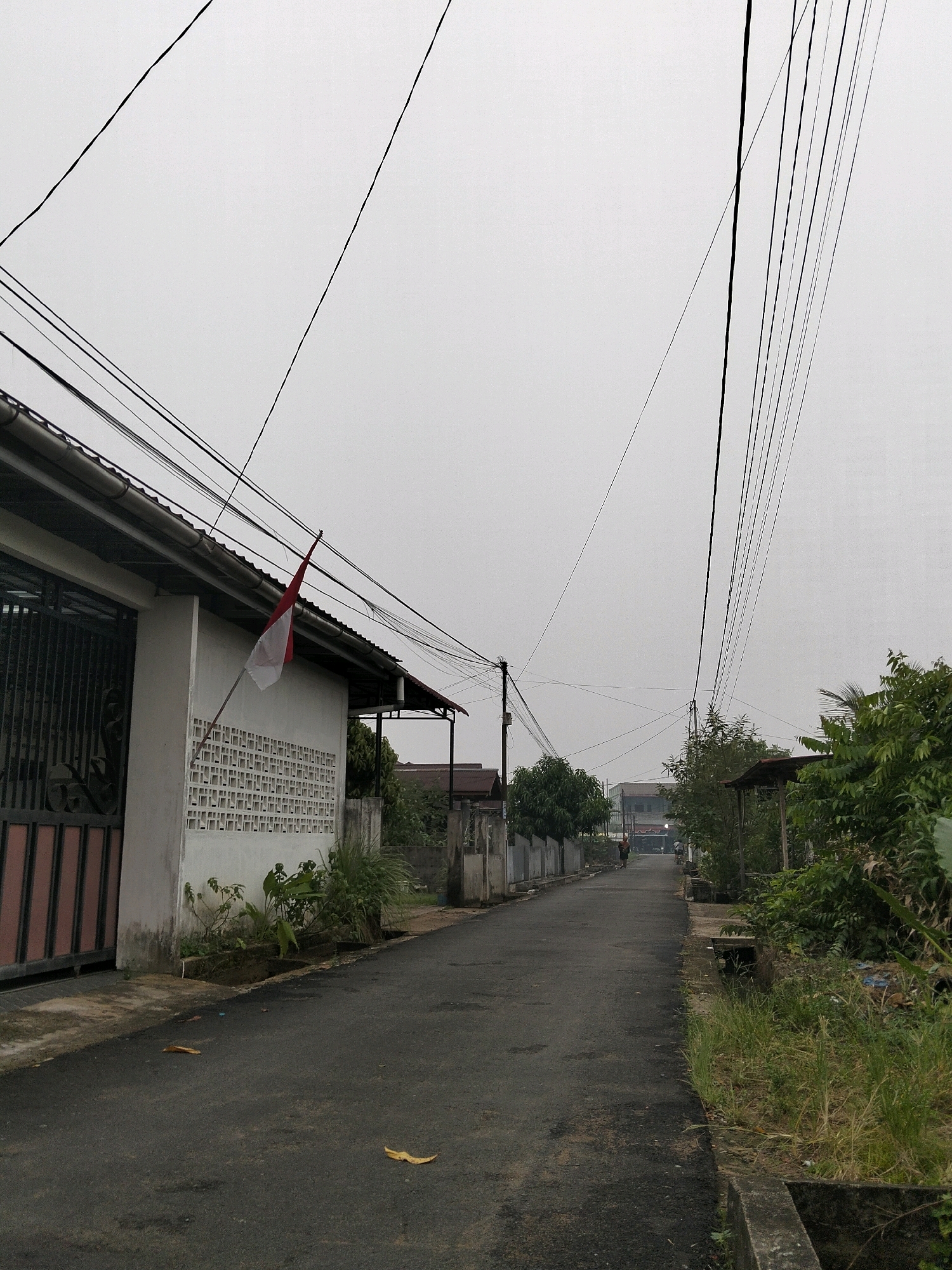 The image depicts a narrow asphalt road in the city of Arang Limbung, Indonesia, under an overcast sky. On the left, a white building with a metallic gate and a corrugated metal roof is visible. An Indonesian flag, red and white, is attached to a pole extending from the building's roof. A decorative white brick wall is integrated into the building's facade. The road is lined with vegetation on both sides, including a drainage ditch on the right. Several utility poles and a complex network of overhead wires dominate the sky. In the distance, a few individuals can be seen walking or cycling on the road. The overall atmosphere is subdued, possibly due to the cloudy weather.