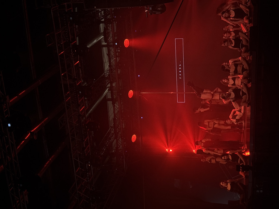 The image depicts an indoor performance taking place on a stage under prominent red lighting, consistent with a "Грязь." (Gryaz.) themed event in Moscow, Russia. The scene features approximately 20-25 individuals, primarily women, dressed in minimal black or dark-colored performance attire resembling lingerie or athletic wear.
A central metallic pole is present on the stage. One female performer is actively engaged in pole dancing, inverted on the pole with her legs extended and wearing dark boots. A male figure in dark clothing stands near the center of the stage, slightly to the left of the pole, appearing to address the performers or the audience.
Other individuals are positioned around the stage: several are seated on the floor in various poses, while others stand, some observing the ongoing performance. The background features a large dark screen displaying the Cyrillic word "ГРЯЗЬ." (meaning "dirt," "mud," or "filth") enclosed within a white rectangular border. Overhead, visible stage trussing supports numerous red LED stage lights, which cast intense red illumination and visible light rays through what appears to be atmospheric haze or smoke. The floor of the stage is dark.