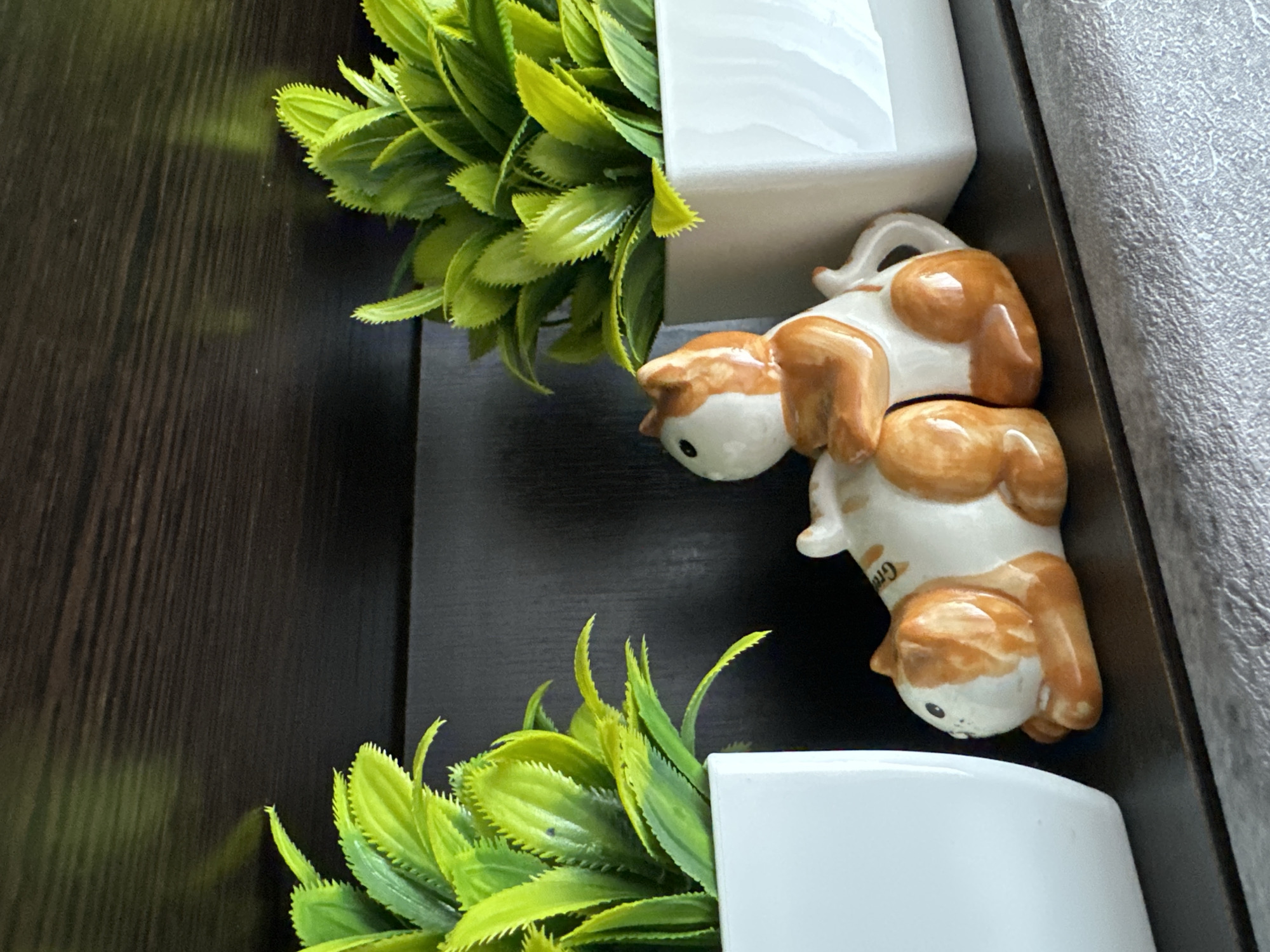 The image shows a close-up, eye-level, indoor shot of a shelf in a home. On the shelf are two small, ceramic dog figurines, both predominantly white with orange markings. The figurine in the foreground is lying on its side, facing left, with its head resting on its paws. The second figurine is positioned on top of the first, facing right and appearing to be "riding" it. One of the figurines has a word, possibly "Gru", faintly visible on its back. Flanking the figurines are two white, square planters, each containing a vibrant green, artificial plant with spiky leaves. The shelf itself is dark brown, with a subtle wood grain texture, and appears to be part of a larger piece of furniture. The background is a darker, out-of-focus brown, likely a wall. The lighting is soft, suggesting ambient room light. There is no indication of the city of Energetik, Russia.