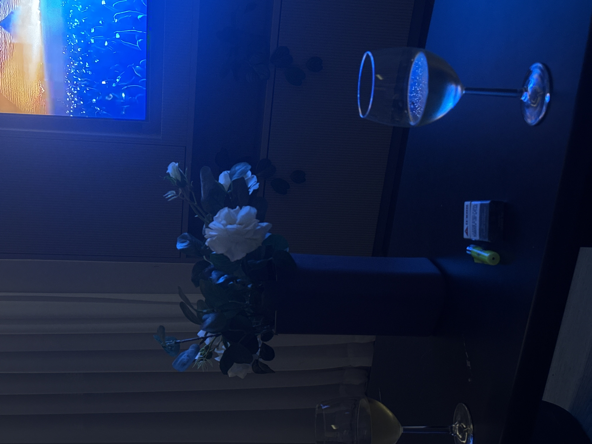 The scene is dimly lit, possibly indoors, and features a combination of objects. A vase with white roses is centrally positioned. A wine glass, seemingly filled, lies on its side on a dark surface that also supports a pack of what seems to be cigarettes and a small, possibly yellow, item. In the background is a wall with what appears to be a television screen showing a blue and white image. The background also includes blinds. There is no indication of the location being Tel-Aviv, Israel. No people, actions, or interactions are discernible from this image.