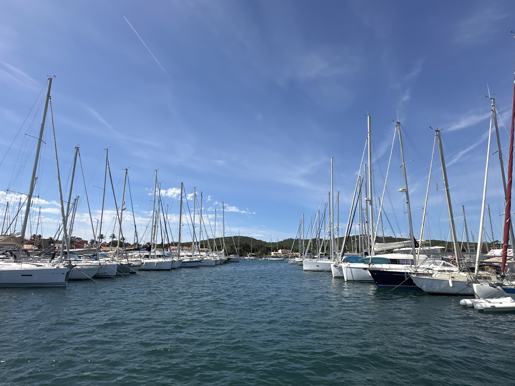 The image depicts a wide-angle view of a marina filled with numerous sailboats docked in calm, blue water under a clear sky with wispy white clouds and a faint contrail from an airplane. The sailboats are lined up closely on both sides of the frame, with their masts reaching high into the sky. The hulls of the boats are white and some have visible numbers. In the background, a vegetated shoreline with some buildings is visible. The scene is bright and sunny, suggesting a warm day. This marina is likely located in Hyères, France, a city known for its coastal beauty and numerous nautical facilities.