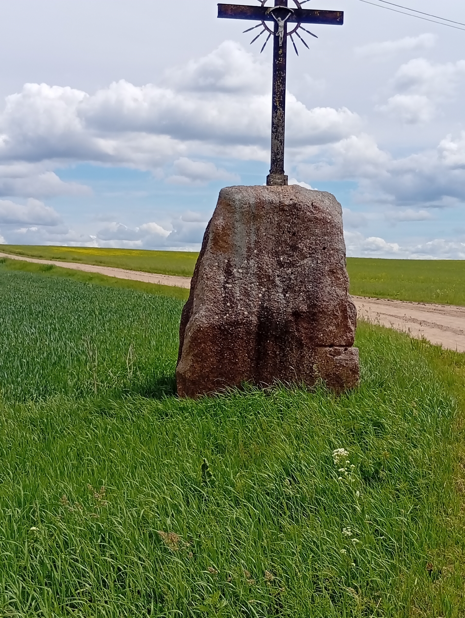 A rusty, ornate cross stands atop a large, rough-hewn stone. The cross depicts Jesus Christ and has sunburst-like rays emanating from behind the halo. The stone is a reddish-brown and has a textured surface. It is situated in a vibrant green grassy field, with tall blades of grass swaying gently. In the background, a dirt road curves through the landscape. Beyond the road, a field of yellow flowers stretches towards the horizon, meeting a line of distant green hills. The sky above is a mix of bright blue and fluffy white clouds. The lighting suggests it is daytime, possibly late morning or early afternoon, under fair weather conditions. The scene evokes a sense of rural tranquility and possibly religious significance, given the prominent cross. There is no visible text in the image. The location context provided is Krikliai, Lithuania, which aligns with the pastoral landscape.