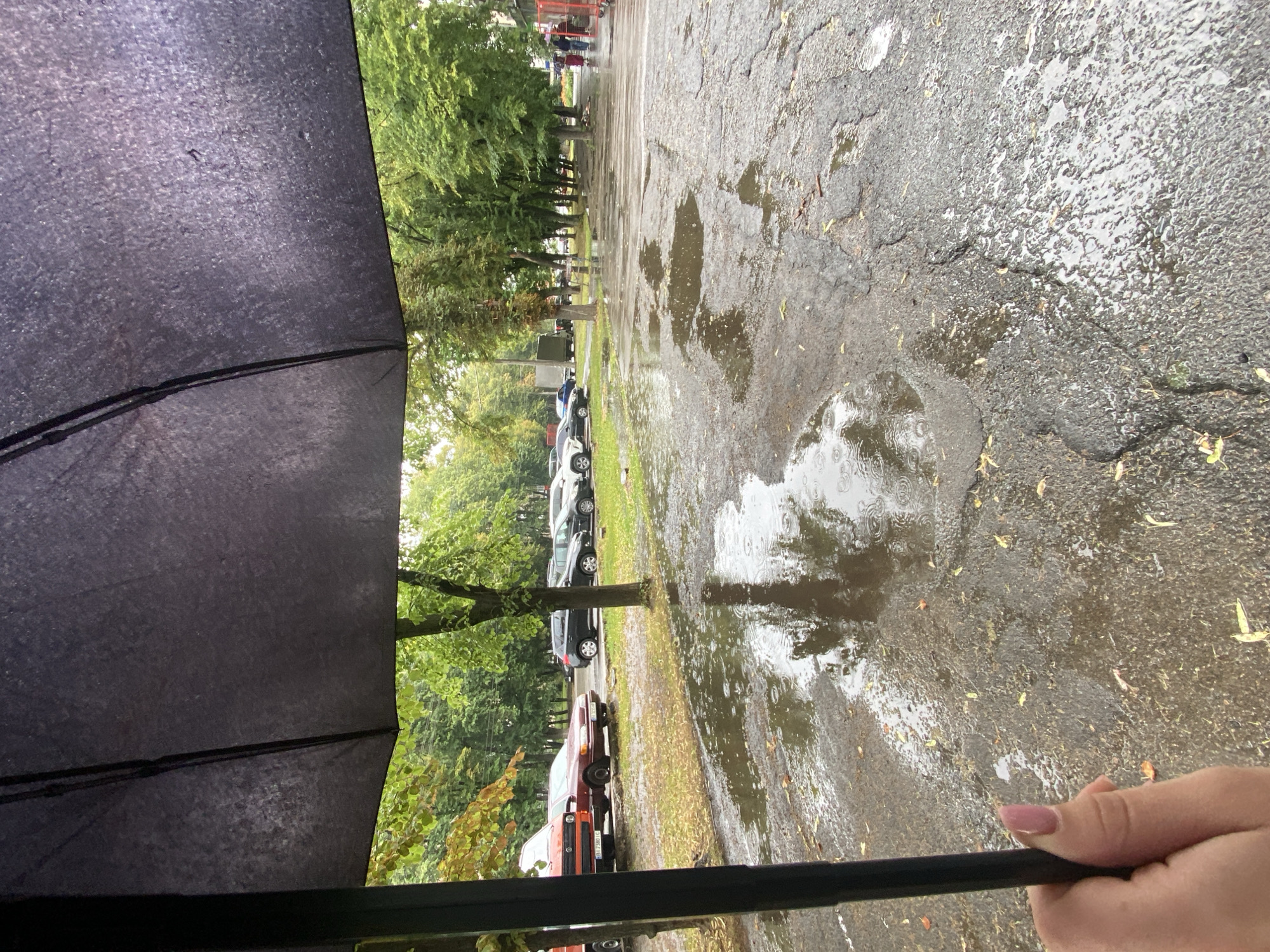 The image shows a view from under a dark umbrella, looking out at a wet asphalt surface with numerous puddles reflecting the overcast sky and surrounding trees. The pavement is cracked and shows signs of wear. Scattered yellow leaves are visible on the wet ground. In the background, a line of parked cars is visible, including a red truck on the left, a maroon sedan, and several other vehicles. Beyond the cars, a dense line of green trees forms a backdrop. In the far right of the image, two figures in dark clothing are walking away from the camera, and a red fence is partially visible. The scene appears to be a street or parking area in Nyzhni Mlyny, Ukraine, during a rain shower, indicated by the ripples on the surface of the puddles. The hand holding the umbrella, with a light pink nail polish, is visible in the lower left corner.