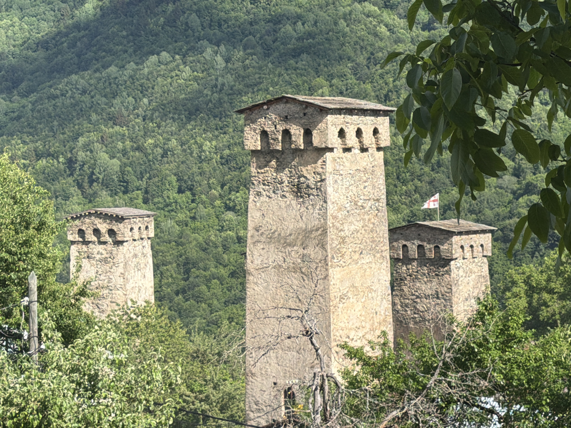 The image depicts a cluster of ancient stone towers, characteristic of the Svaneti region of Georgia, likely located in or near the town of Mestia. The towers, constructed from rough-hewn stone blocks, rise prominently against a backdrop of densely forested, green hills. The central tower is the tallest and most prominent, with a weathered, textured surface. Its upper section features a crenellated parapet with a series of arched openings, suggesting a defensive structure. A smaller tower is visible to the left, also exhibiting similar architectural features, and another to the right, partially obscured by foliage. A white flag with a red cross is flown atop the tower on the right. The foreground is dominated by lush green foliage, including trees and branches, some of which are in the immediate foreground and slightly out of focus, framing the towers. The overall impression is one of historical preservation and a rugged, natural landscape.