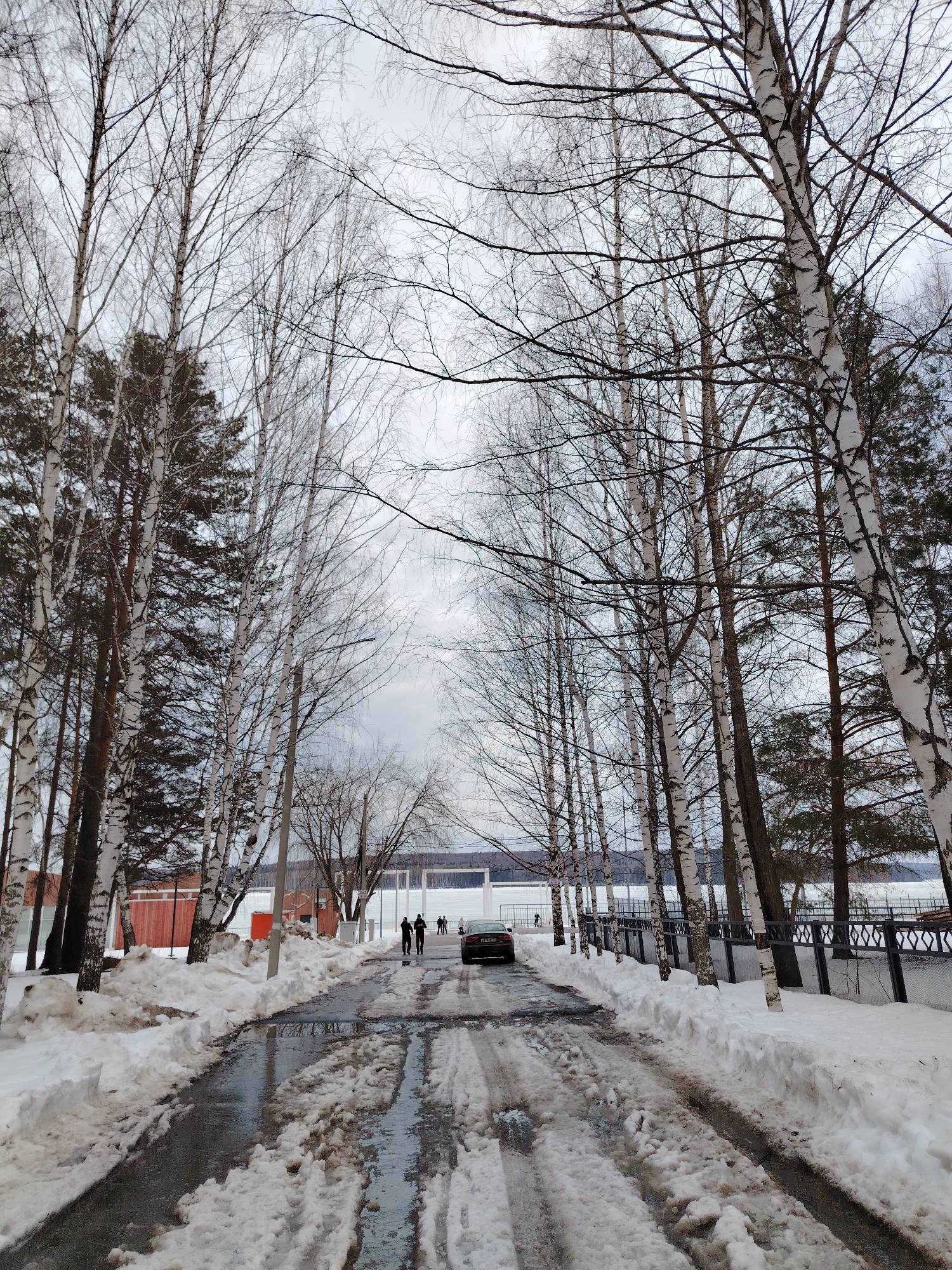 The image shows a partially snow-covered road flanked by tall trees, likely birch and pine, leading towards a frozen lake or body of water. A dark-colored car is driving away from the camera on the road. Two people are walking in the same direction as the car. Buildings are visible on the left side of the road, including structures with orange and red elements. A fence runs along the right side of the road towards the lake. The sky is overcast. The location is likely the city of Chaikovsky, Russia. The road surface is wet, reflecting the sky. Snow is piled on both sides of the road. Tyre tracks are visible in the slush and snow on the road.