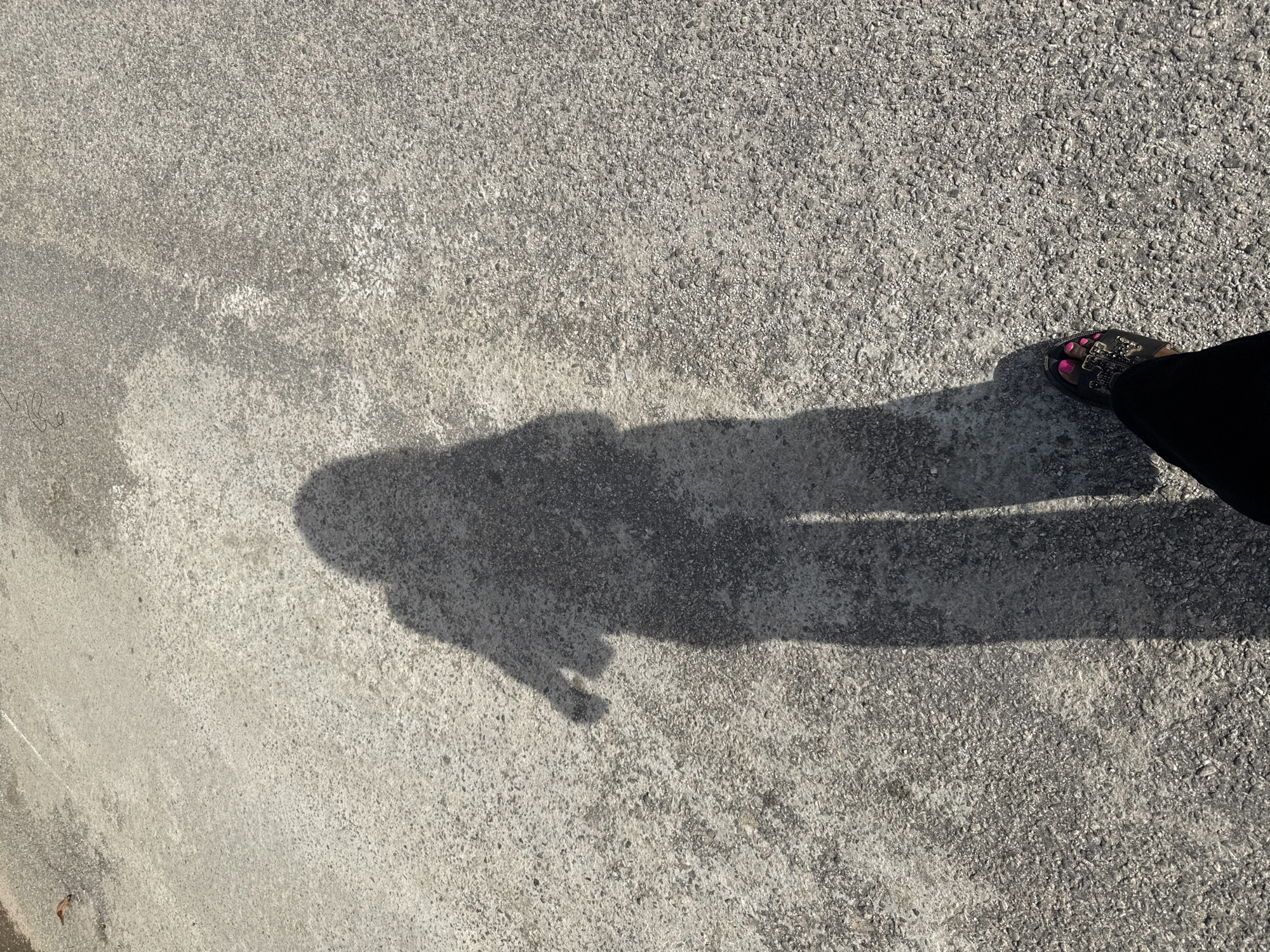 The image presents an overhead view of a person's shadow cast on a textured, light gray paved surface, likely concrete or asphalt, under bright sunlight. The shadow, depicting a full human figure, stretches diagonally across the frame from left to right. In the top right corner, the photographer's lower leg and foot are partially visible. The foot is wearing a dark, open-toed sandal, possibly adorned with embellishments, revealing toes painted with vibrant pink nail polish. A dark-colored fabric, indicative of pants or a skirt, covers the visible portion of the leg.
The long, distinct shadow suggests the photograph was taken either in the early morning or late afternoon, when the sun is low in the sky, indicating sunny weather conditions. The setting is an outdoor, generic paved area. There are no specific landmarks or textual elements visible in the image to definitively identify the location, although it is contextualized as being taken in Abuja, Nigeria. No particular activity beyond standing or walking is clearly depicted, and no emotions are discernible.