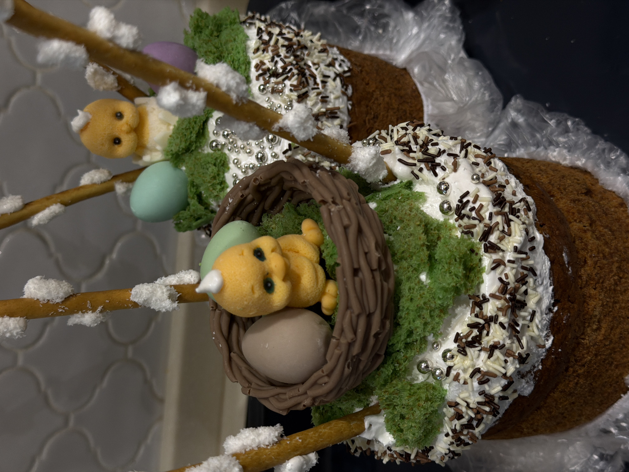 The image shows a close-up of two Easter cakes decorated with frosting, chocolate sprinkles, and edible decorations including a brown nest containing a yellow chick figurine and pastel-colored eggs, and snow-covered branches. The cakes are placed on a surface, with a plastic wrap partially covering one of them. The background features a light-colored, patterned wall. There is no information to suggest that the cakes are in Khimki, Russia.