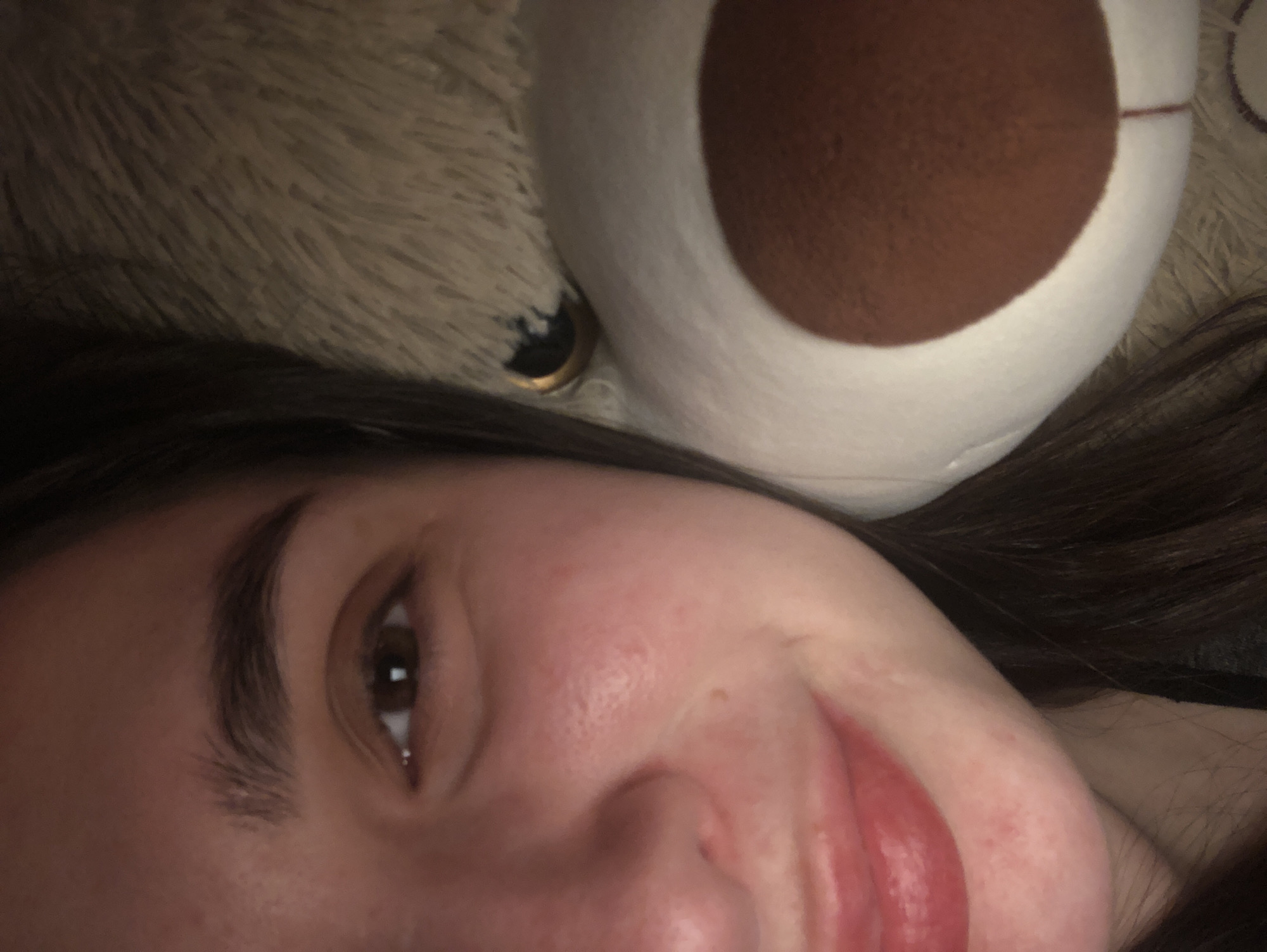 A close-up, slightly angled, indoor shot features a young woman's face next to a large stuffed animal. The woman has brown hair, an eyebrow arching over a brown eye, and her lips are visible. She appears to be smiling slightly. The stuffed animal is a white bear with a large brown patch on its face. A fluffy, textured surface is visible in the background. The location in the city of Noviy, Russia cannot be determined.