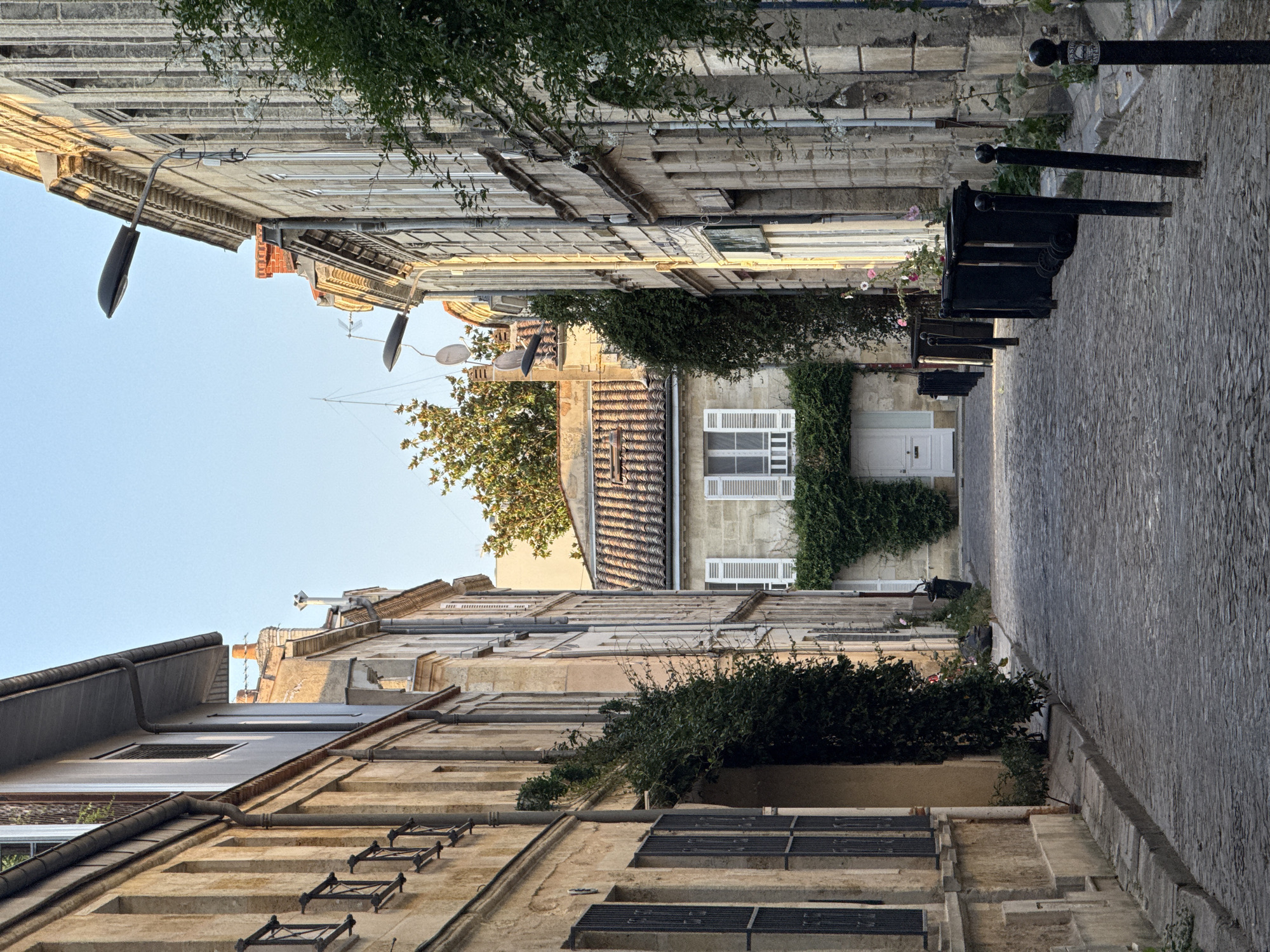The image depicts a narrow, cobblestone street in Bordeaux, France, lined with tall, historic stone buildings. The architecture suggests a European urban setting. The street is quiet, with no people visible. On the left side, a building with multiple windows and shutters is partially covered by lush green ivy. On the right side, similar stone buildings with windows and architectural details are illuminated by the warm glow of late afternoon sun. Several black trash bins are neatly lined up along the right side of the street, adjacent to metal bollards. At the end of the street, a smaller building with a red-tiled roof and white shutters is visible, also adorned with ivy. Streetlights are mounted on the buildings. The sky is clear blue, indicating fair weather. The overall impression is one of a peaceful, historic, and well-maintained European street.