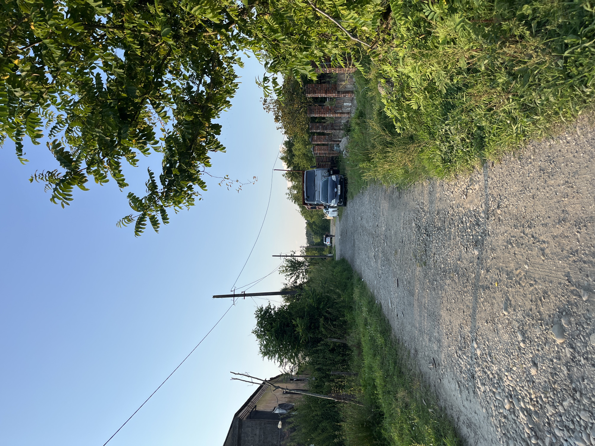 The image depicts a dirt road in Ureki, Georgia, lined with dense green vegetation and trees under a clear blue sky. On the left side of the road, an old, weathered building with an uneven roof and overgrown bushes is visible. Further down the road, a truck and two cars are parked. To the right of the road, a brick fence with pillars stands, separating the road from more greenery. In the distance, a person is walking away from the camera on the road. Overhead, power lines stretch across the frame, supported by utility poles. The scene appears to be set in a rural or semi-rural area, possibly a village or the outskirts of a town.