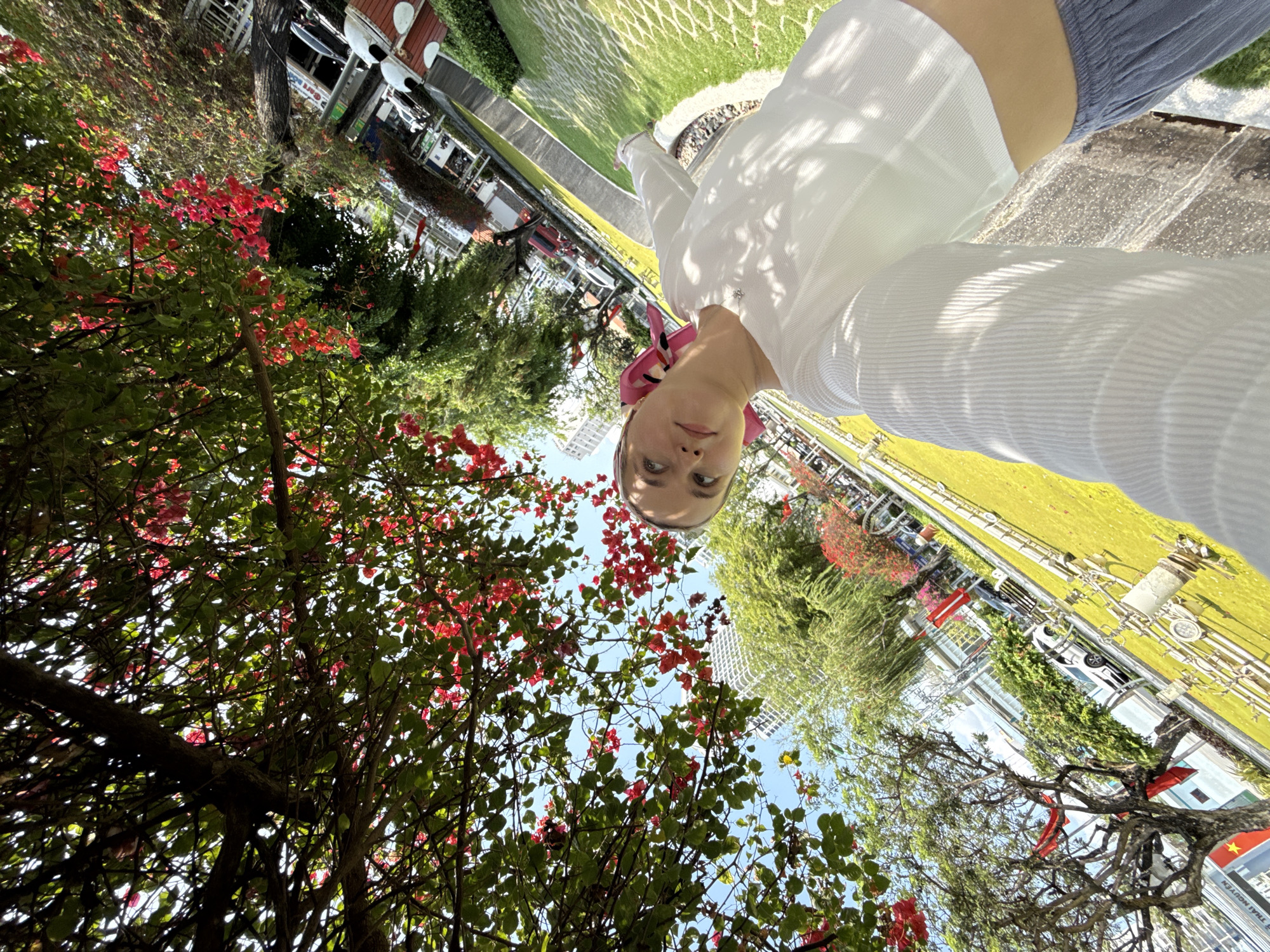 A selfie of a woman with light skin and blue eyes is oriented upside down. She is wearing a white shirt and a pink and white scarf on her head. The background features vibrant red flowers and green trees against a partly cloudy sky. Further behind, blurred elements suggest a city scene, with a road, cars, and modern buildings under a bright sun.
Based on available imagery and the presence of a red flag with a gold star in the background, this photo likely taken in Nha Trang, Vietnam. The specific location within the city cannot be determined.