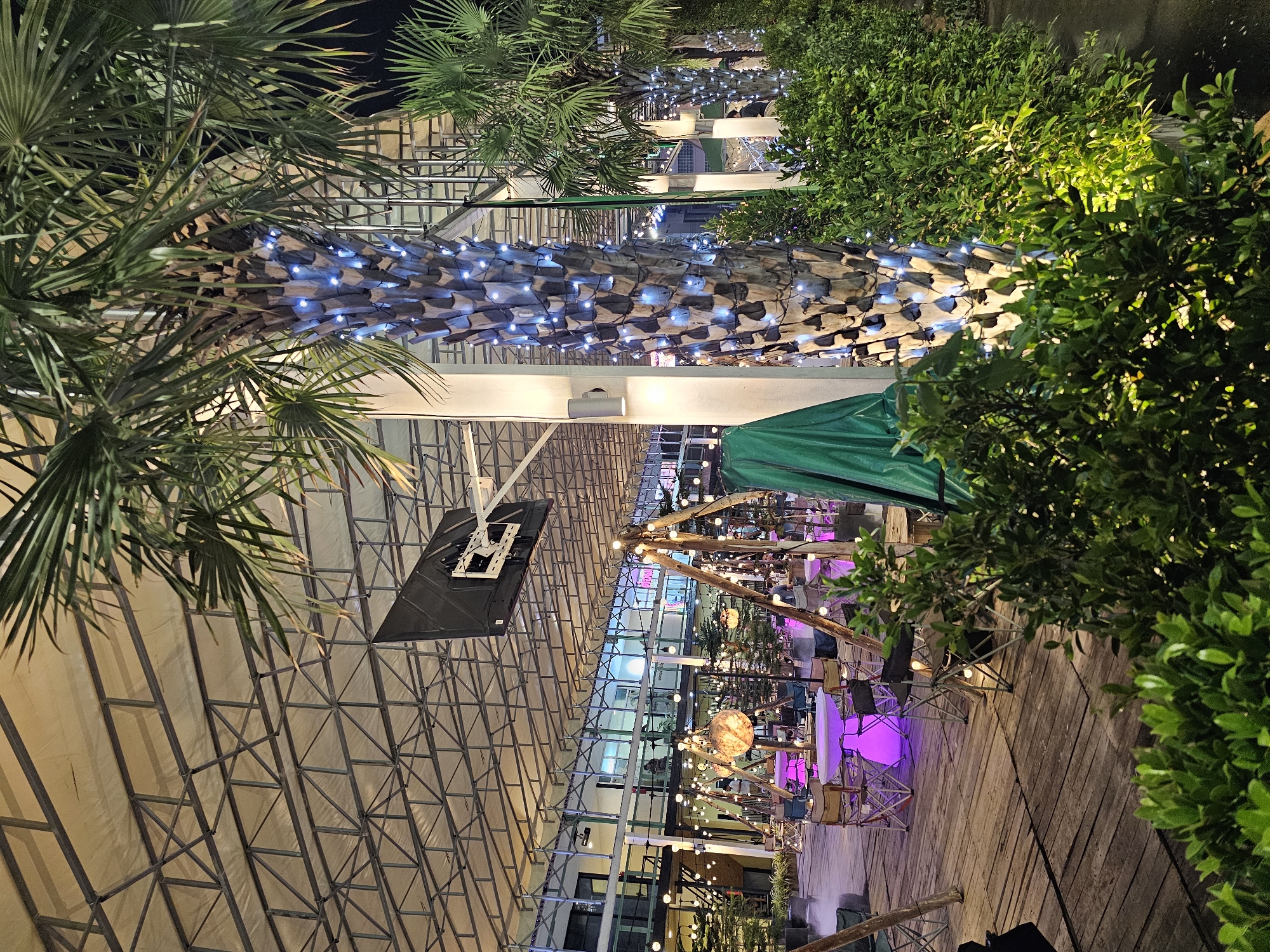 The image depicts an outdoor seating area at night, possibly part of a restaurant or entertainment venue, located in Bangkok, Thailand. The scene is illuminated by artificial lights. In the foreground, a palm tree decorated with blue string lights stands prominently. To the right, lush green bushes are visible. The background reveals a large, covered structure with a metal truss roof. Within the seating area, tables are set up with chairs, some illuminated by purple light. A green tarp covers an object or structure in the middle ground. A large screen, likely for display or projection, is mounted on a pole. Further in the background, more tables and seating are visible, along with decorative string lights and large spherical lanterns. The overall ambiance suggests a relaxed, nighttime setting.
