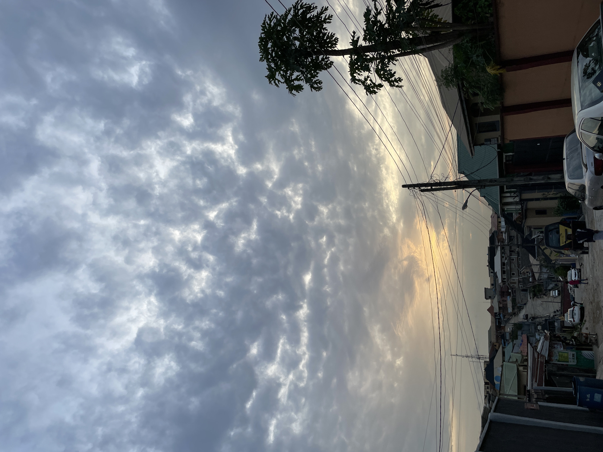 The image presents an overcast view in Isheri, Nigeria. The sky is predominantly filled with textured gray clouds. A slender tree with large, lobed leaves is visible in the upper left quadrant. Utility poles with numerous electrical wires crisscross the frame. Buildings, including residences and businesses, line a narrow street. Several parked vehicles are present, and a few individuals walk along the street. The scene appears to be a densely populated area with varied architectural styles.
