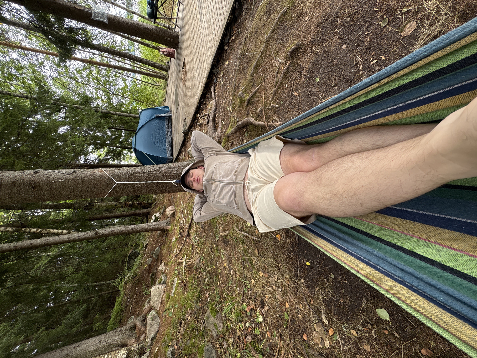 A young man is lying in a hammock in a forest near Rautalakhti, Russia. He is wearing a light-colored hooded jacket and light-colored shorts, with his hands behind his head. The hammock is made of striped fabric in shades of blue, green, and yellow. Behind him, a blue tent is set up on a wooden platform. The ground is covered with pine needles, leaves, and rocks. Tall trees with sparse foliage surround the area. The overall scene depicts a campsite in a natural, wooded environment.