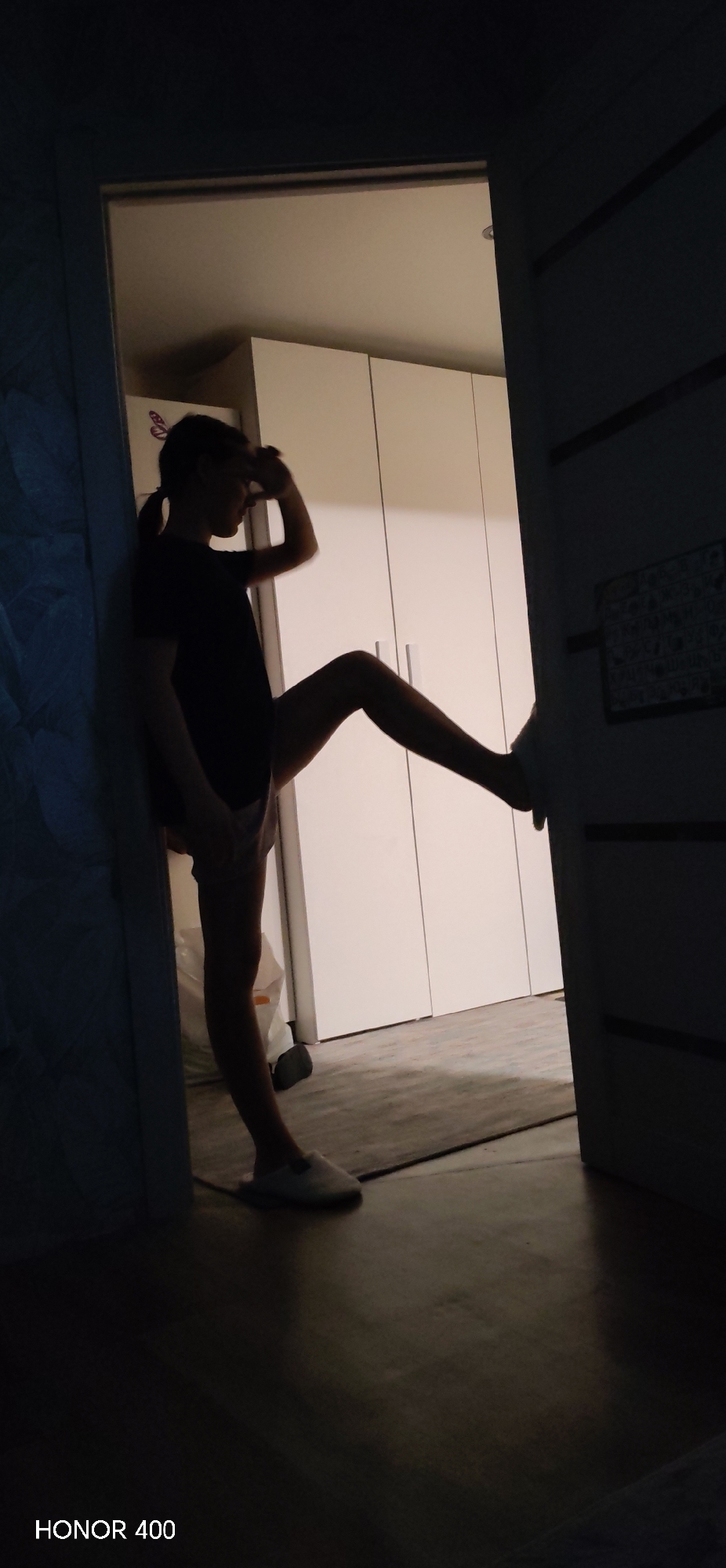A person is standing in a doorway, with one leg extended and resting against the doorframe. The person is wearing a dark shirt and light-colored shorts and slippers. The person's right hand is raised to their forehead. The person appears to be positioned between a dark, shadowed room and a lighter room with white wardrobes. The setting seems to be indoors, possibly in a private residence in Noviy, Russia. A bag is visible behind the person. "HONOR 400" is printed at the bottom left corner of the image.