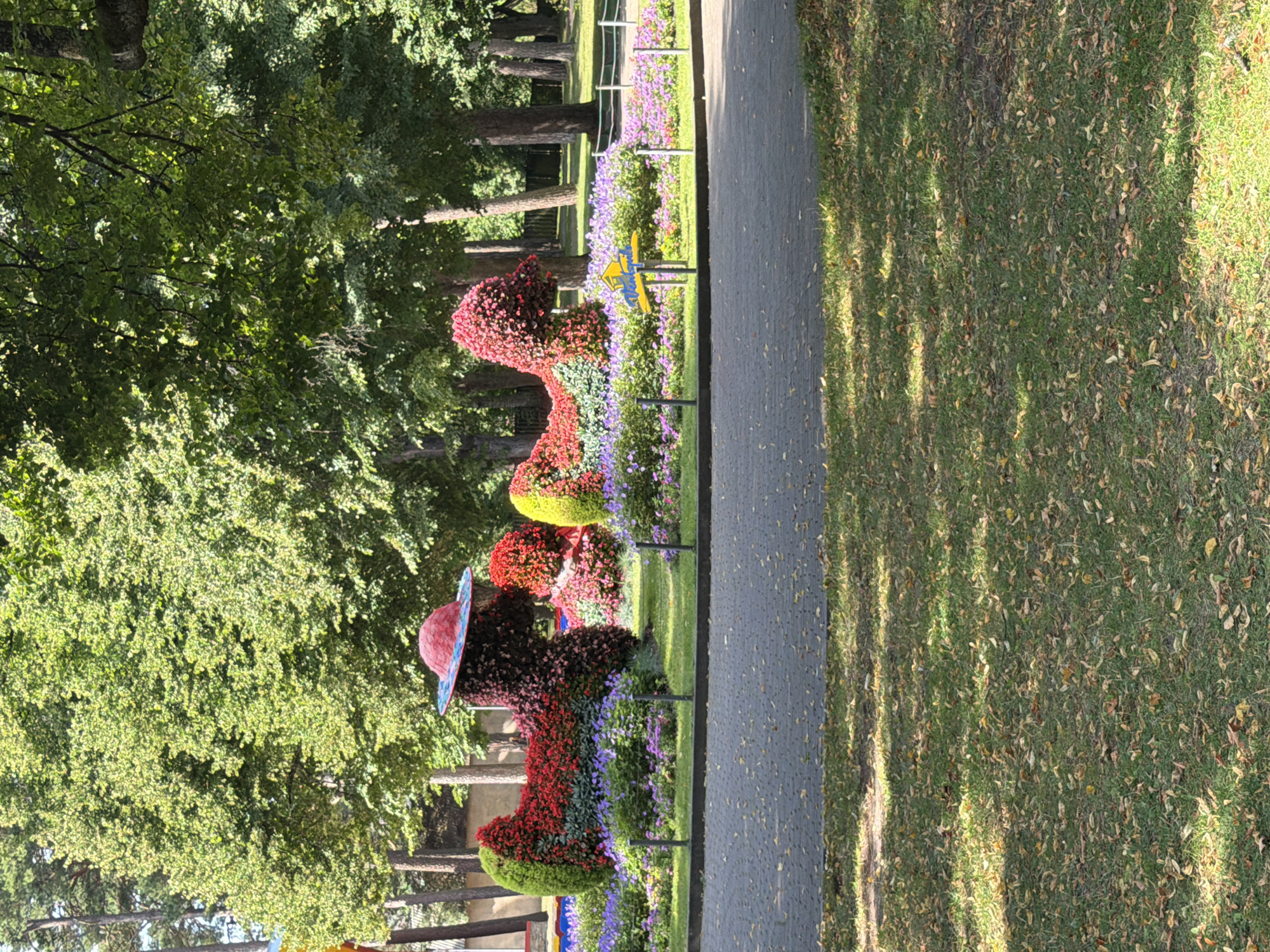 The image shows a park in Ventspils, Latvia, featuring two topiary animal figures made of flowers. The figures resemble dogs, with one wearing a red hat. They are situated in a flower bed with various colorful flowers and green foliage. Behind the figures, there are trees and a paved pathway. A yellow sign with a house icon and text is visible in the background. The area is well-maintained, with grass and fallen leaves in the foreground. The weather appears sunny, with shadows cast on the grass from the trees.