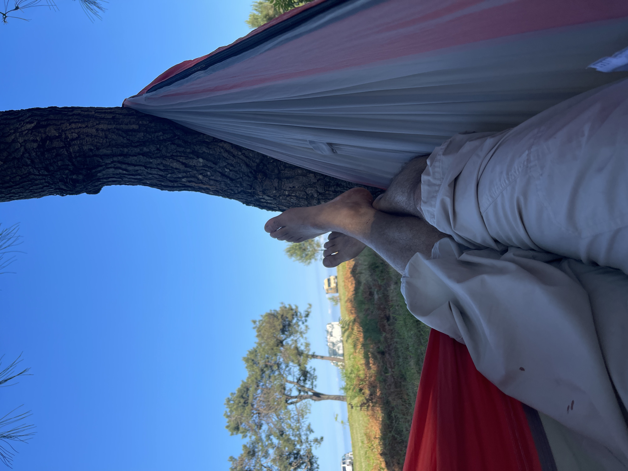 The image shows a first-person perspective of someone lying in a hammock tied to a tree. The person's legs, clad in light-colored pants, are visible, with bare feet crossed at the ankles. A red and white striped hammock is draped around them, partially obscuring the rough bark of the tree. In the background, a grassy hill slopes upward, dotted with several trees. Beyond the hill, a clear blue sky stretches across the frame. There are several camper vans or RVs visible on the horizon, suggesting a recreational or camping area. The overall scene depicts a relaxed outdoor setting.