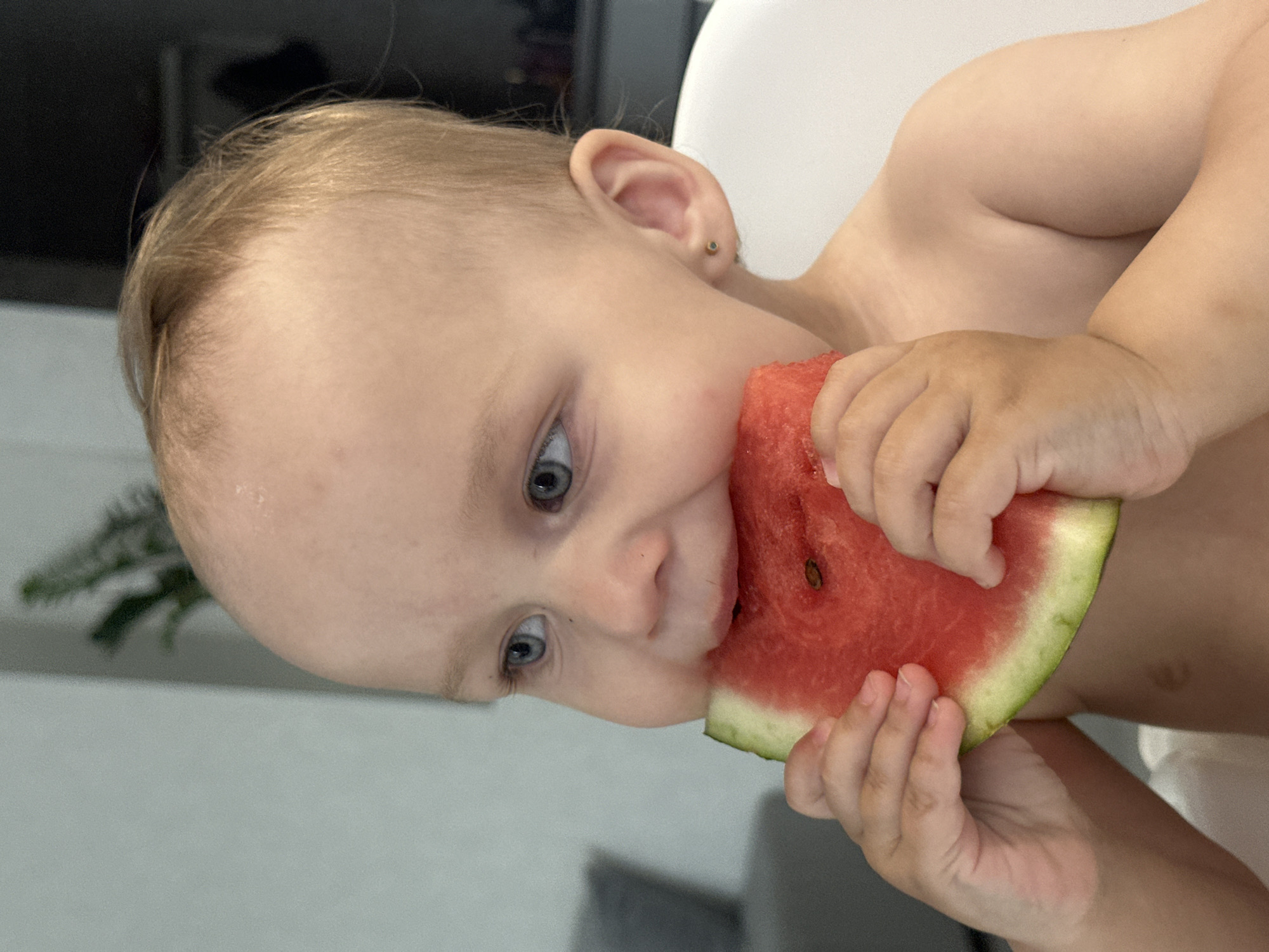 In a close-up, slightly tilted shot, a young child is depicted biting into a slice of watermelon. The child has fair hair, blue eyes, and is wearing a small gold earring. The watermelon slice is vibrant red with a green rind and a visible black seed. The child's hands are holding the watermelon as they take a bite. The background is softly blurred, with hints of a dark object on the left and a white surface on the right, suggesting an indoor setting. A green leafy plant is partially visible in the background. The lighting suggests it might be daytime, possibly indoors with artificial light. The child's expression is one of focused enjoyment of the fruit. The context provided is Chaikovsky, Russia.