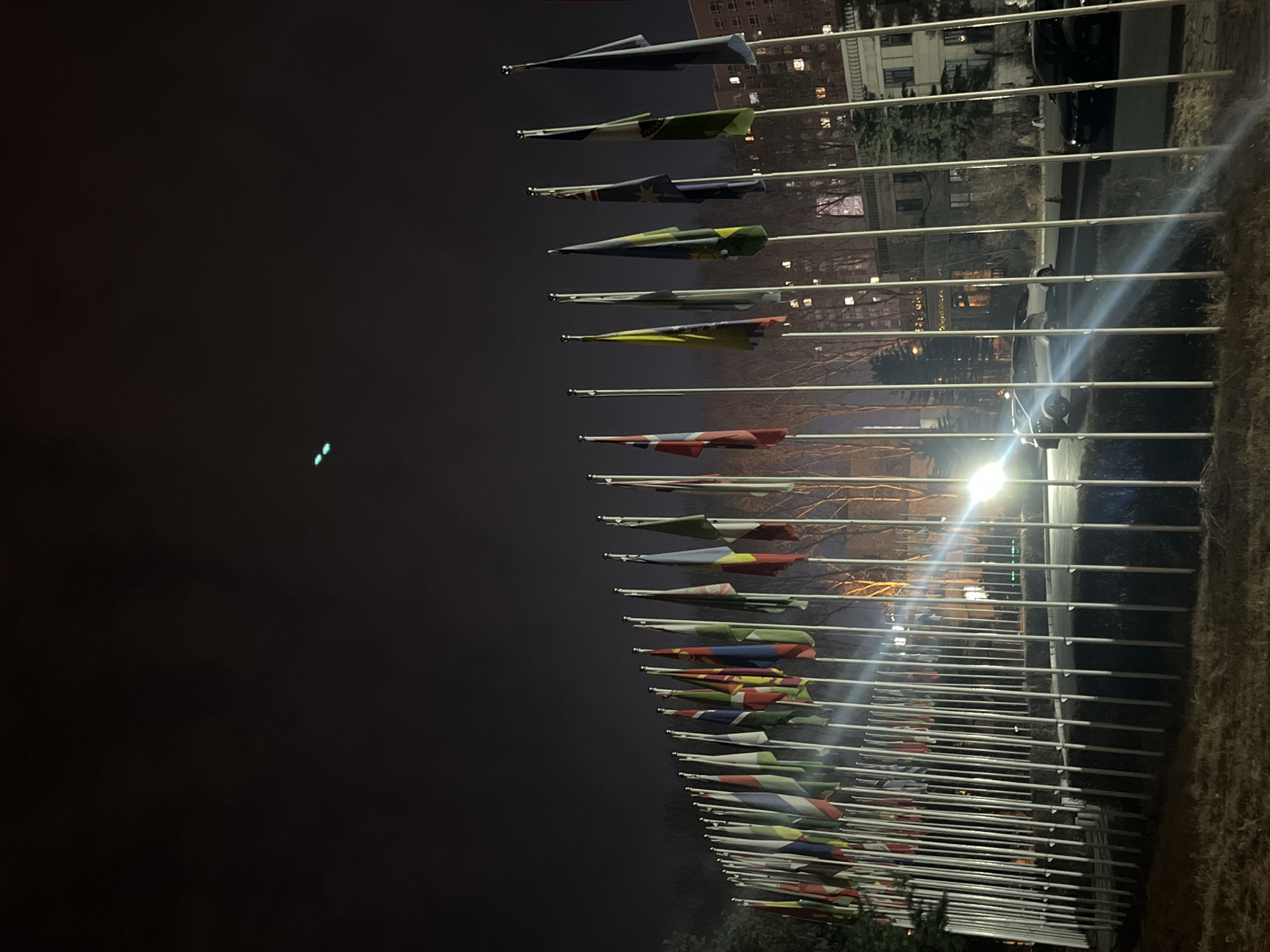 A nighttime, outdoor scene in Changchun City, China, depicts a large array of approximately 50-60 national flags displayed on tall, slender white flagpoles. The flagpoles are arranged in multiple, curved rows on a low, dark-colored tiered or mounded structure in the midground. The foreground consists of dry, sparse brown vegetation. Artificial lighting illuminates the flag display, producing a prominent lens flare emanating from the lower right of the flag array. Behind the flags, bare deciduous trees and dark evergreen trees are visible. A paved road runs horizontally in the background, where a light-colored sedan or hatchback is visible, alongside a partially visible dark vehicle further right. In the far background, multiple multi-story buildings with illuminated windows are present, including modern residential-style structures and at least one older, more classically designed building. The dark, overcast night sky contains two distinct, small, bright green lights in the upper left quadrant, consistent with aircraft navigation lights or a drone. No individuals are visible in the scene.