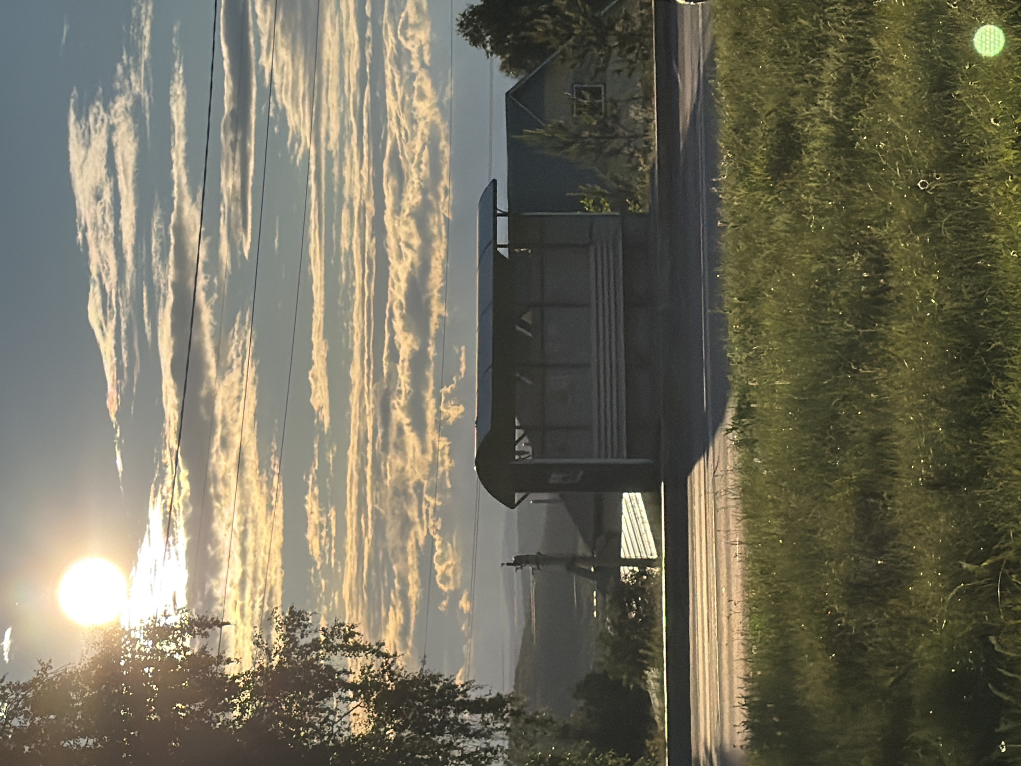 An eye-level, medium shot captures a bus stop shelter on the right side of a paved road, bathed in the warm light of a setting sun. The sun, a bright orb in the upper left quadrant, casts long shadows and illuminates wispy clouds stretching across the sky. To the left of the frame, a leafy tree branches out, its foliage silhouetted against the sun. Beyond the bus stop, a house with a pitched roof is visible, partially obscured by trees. In the distance, rolling hills fade into a hazy horizon. The foreground consists of lush green grass, speckled with small, bright highlights, possibly dew or tiny insects. The overall scene evokes a sense of tranquility at the end of the day in a rural or suburban setting.