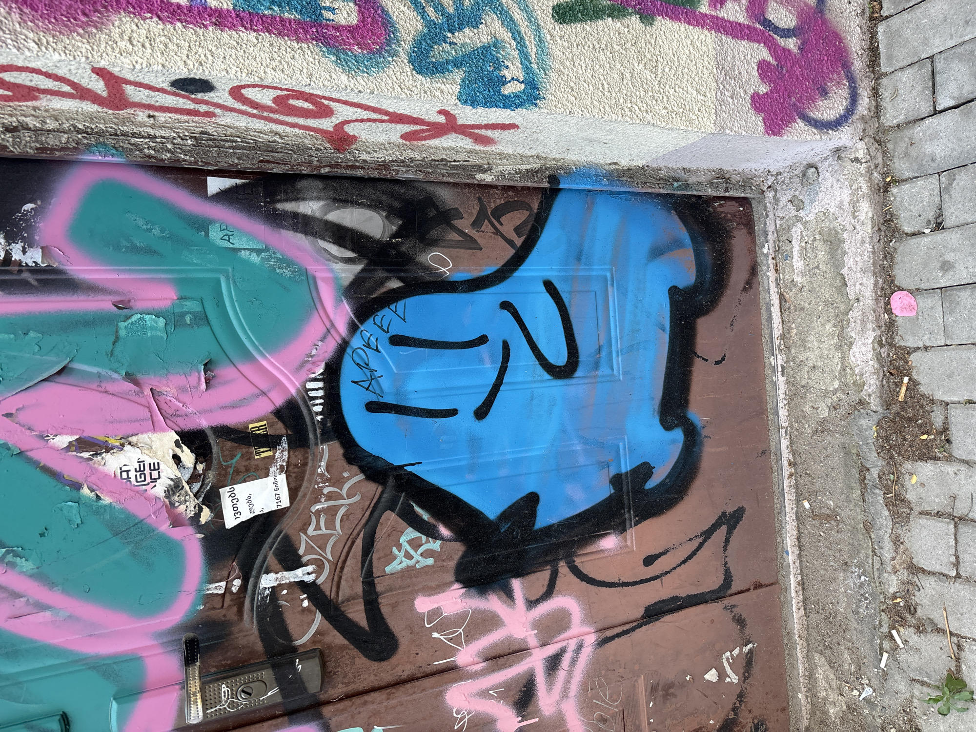 This is a photograph of a graffiti-covered metal door or garage door. The door is painted a dark brown, with various layers of spray paint and stickers applied to it. Dominating the center of the image is a large, blue graffiti tag with thick black outlines. To the left of the blue tag, there are large areas of teal and pink spray paint, obscuring parts of the door and some stickers.
Several stickers are visible, one on the left side of the door partially covered by teal paint, and another on the right side with some text. The top of the image shows a textured, rough surface, also covered in graffiti with pink, blue, and red spray paint. The right side of the image shows a textured concrete wall and a sidewalk made of grey bricks. Some small pieces of debris, including cigarette butts, are scattered on the ground next to the door and sidewalk. The overall impression is of an urban outdoor environment, possibly an alleyway or street, with signs of vandalism and neglect. The lighting suggests it is daytime, with no specific weather conditions evident. There is no visible human activity, and the focus is solely on the graffiti and the urban textures.
Visible text includes:
- "AP" in a light blue color on a sticker, partially obscured by teal spray paint.
- Text on a sticker on the right side of the door, appearing to be in Georgian script, with some Latin characters below it.
- Smaller, illegible text on other stickers and spray-painted elements.