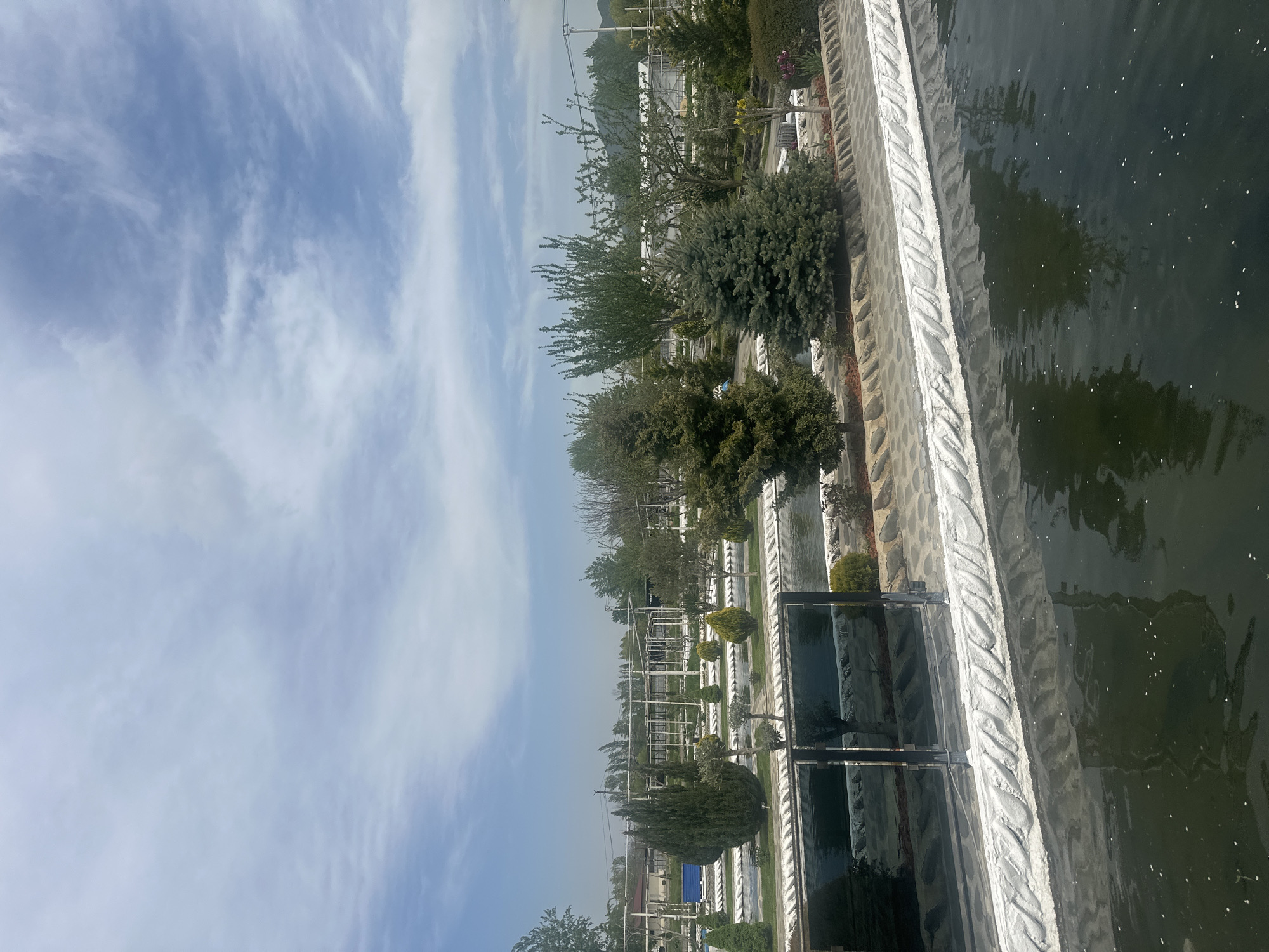The image depicts a landscape of Rekha, Georgia, seen from an elevated viewpoint. The foreground is dominated by a water feature with a decorative stone edge and metal railings. The water surface reflects the surroundings. Beyond the water feature, the landscape unfolds with trees and manicured shrubs. In the distance, buildings are visible, blurring into the horizon under a blue sky filled with wispy clouds. Overhead power lines are visible.