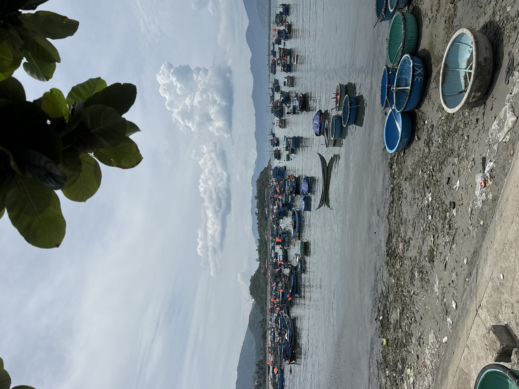 The image depicts a harbor in Vĩnh Lương, Vietnam, filled with numerous fishing boats docked in calm water. The boats are varied in size and type, with many displaying orange flags. In the foreground, several round, basket-like boats are pulled up onto a muddy shore littered with debris, including plastic bags and other refuse. Behind the docked boats, a coastline with lush green hills and mountains forms the backdrop, under a partly cloudy sky. The scene appears to be a working harbor, possibly before or after a fishing expedition, with evidence of human activity and the impact of marine life and coastal living.