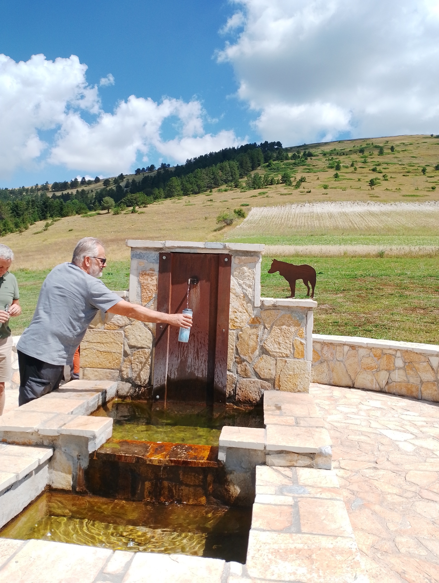 An elderly man with gray hair and sunglasses is filling a blue plastic water bottle at a public fountain. He is wearing a gray t-shirt and dark shorts. To his left, another elderly man wearing a green t-shirt and beige shorts is standing and holding a small object. The fountain is constructed of stone and has a metal spigot from which water is flowing. The water in the basin of the fountain is murky green. Behind the fountain, a metallic silhouette of a dog stands on a stone ledge. The scene is set outdoors in a rural or mountainous area, with a grassy slope dotted with trees in the background under a bright blue sky with scattered white clouds. The location is Castelsantangelo sul Nera, Italy.