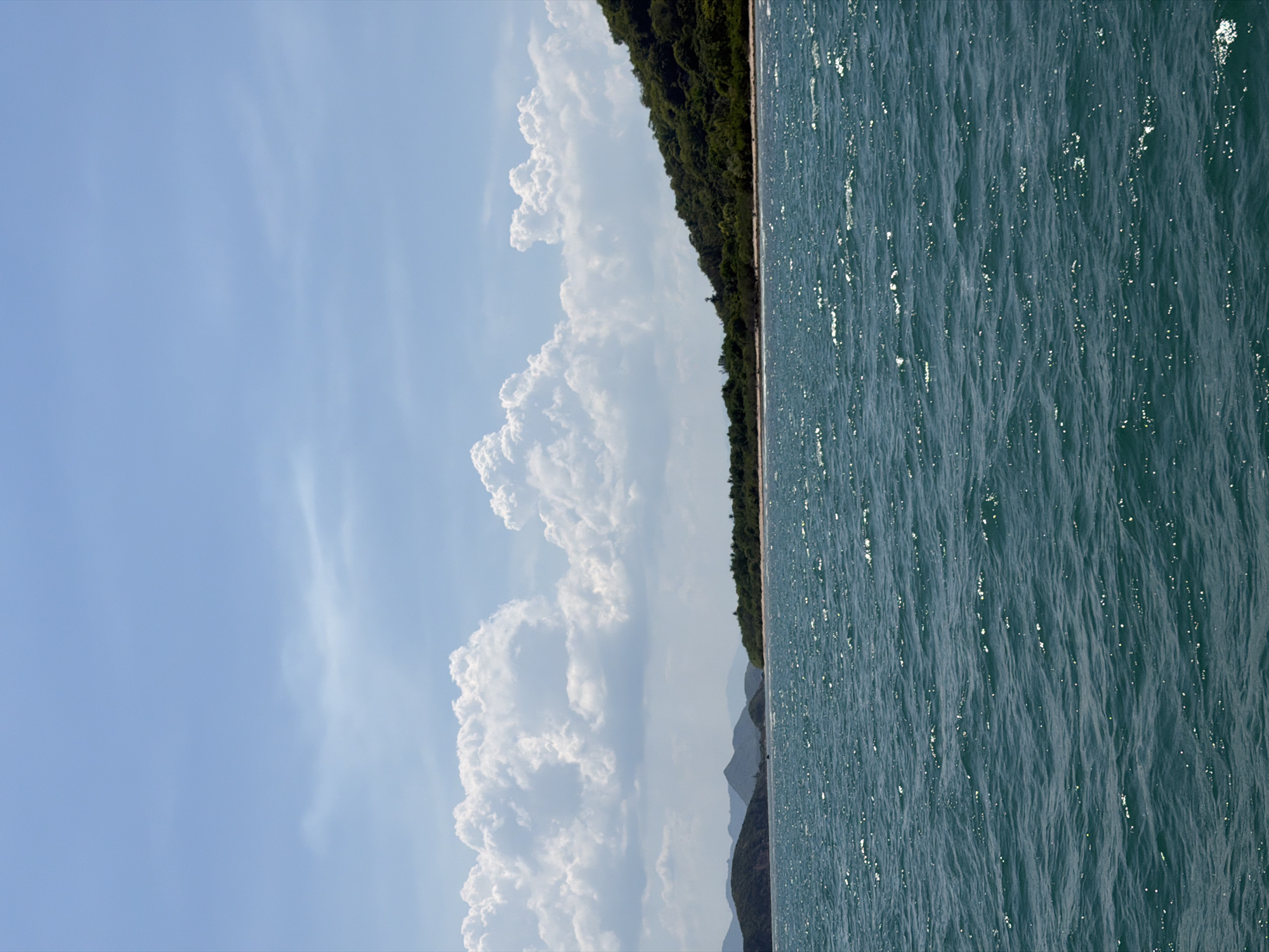 The image shows a body of water in front of a lush, green coastline. The water is a deep blue-green and appears to be choppy with small waves. The coastline is characterized by rolling hills covered in dense vegetation, with some areas of lighter green suggesting a beach or cleared land. The sky above is a bright blue with scattered white, puffy clouds. The overall scene is one of natural beauty and tranquility. The image does not contain any people or man-made structures, making it difficult to pinpoint an exact location within Dong Ninh Hoa Ward, Vietnam.