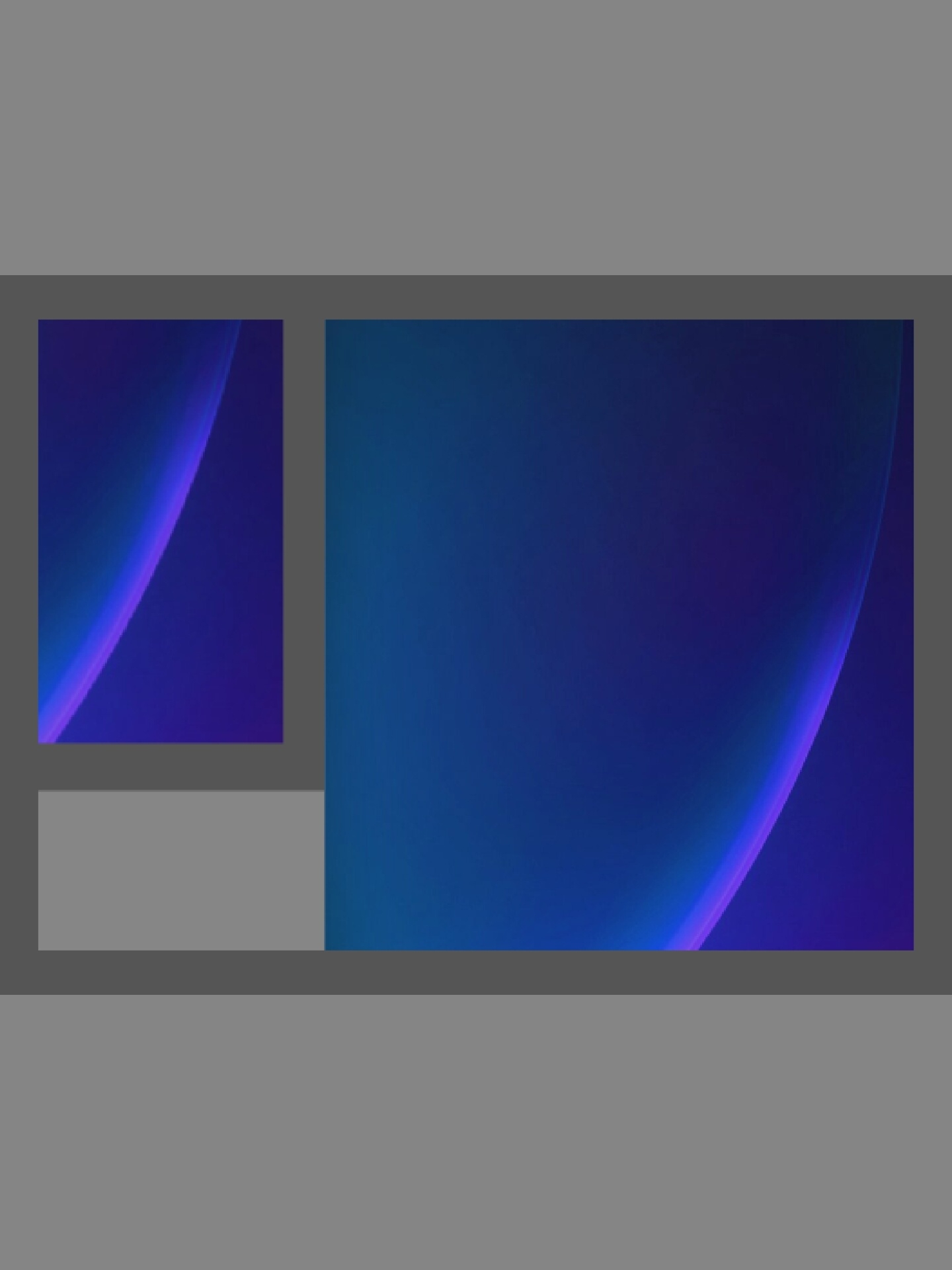 The image displays an abstract design featuring a luminous, broad, curved line against a gradient blue and purple background. The overall composition is presented within a gray frame, showcasing two distinct panels of the same abstract artwork.
The left panel is a smaller, square-shaped insert, highlighting the upper-left portion of the abstract design. It shows a segment of the glowing, curved line, which radiates vibrant shades of purple and pink against a dark blue and indigo backdrop. The line appears to be arching upwards and to the right within this square.
The right panel is a larger, rectangular section, offering a wider view of the artwork. Here, the prominent curved line is positioned on the right side of the frame, sweeping from the lower-right corner upwards and towards the center, maintaining its bright purple and pink luminescence. The background behind this curve is a deep, rich blue that transitions into lighter, teal-like blues towards the left and top edges of the panel, creating a smooth gradient. A subtle, fine-grained texture is visible across the blue areas, suggestive of a digital rendering or fine canvas.
There are no discernible subjects such as people or specific objects, nor is there any activity or event taking place. The image is a static, abstract composition dominated by cool colors. No text is visible. The artwork evokes a sense of modern, perhaps futuristic, aesthetics through its glowing lines and gradient colors.