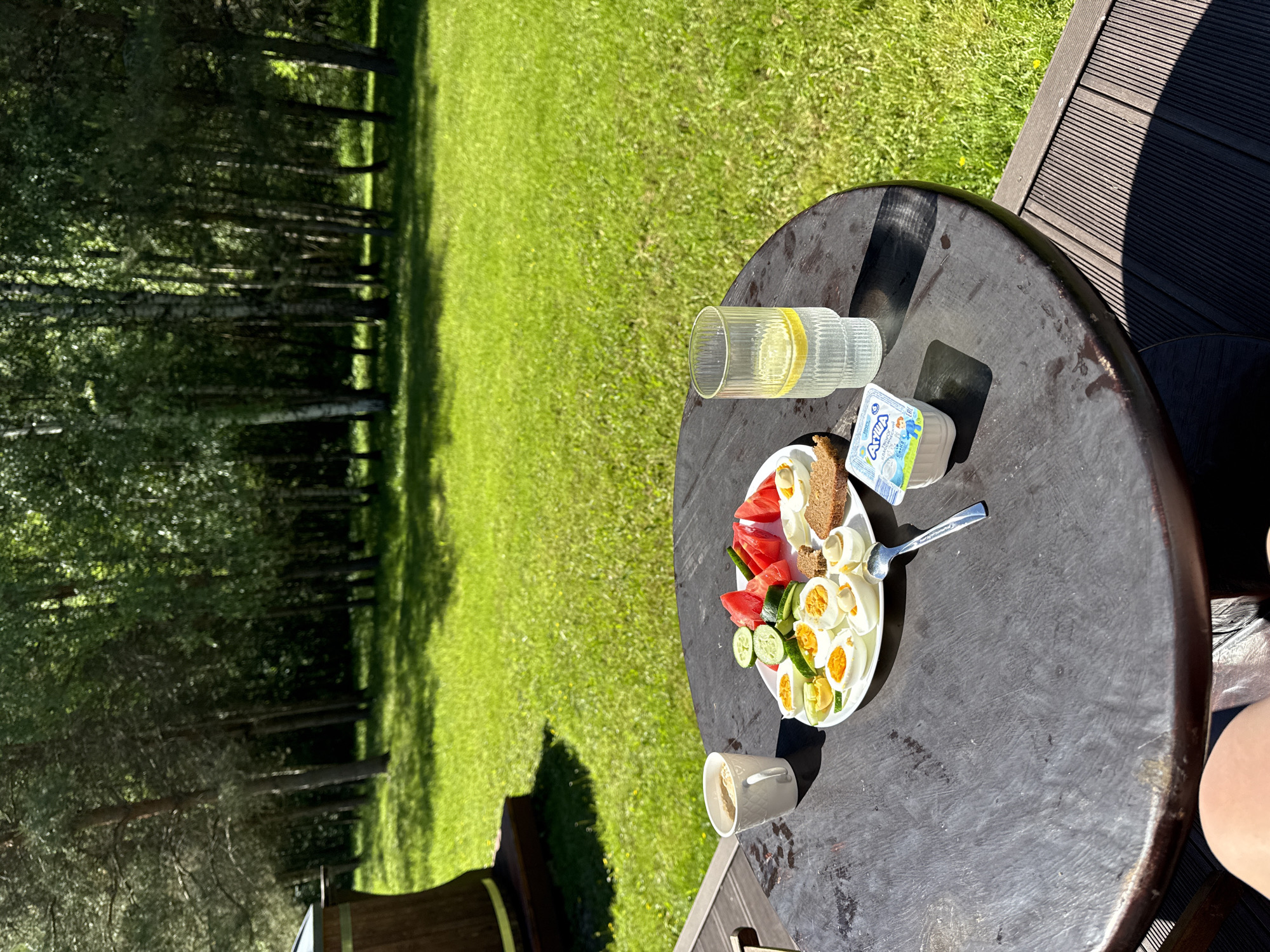 The image captures an outdoor meal setting in Копнино, Russia, on a bright, sunny day. The scene is viewed from a slightly elevated perspective, looking over a dark wooden deck towards a lush green lawn and a dense forest line.
In the immediate foreground, a dark, circular wooden table, exhibiting wear and light scratches, occupies the central and lower portions of the frame. On the table, a white, oval-shaped plate holds a meal consisting of several halves of hard-boiled eggs, some topped with a light-colored condiment, accompanied by slices of fresh green cucumber, wedges of red tomato, and two slices of dark brown bread. To the left of the plate, a white ceramic mug with a ribbed exterior contains a light-colored beverage. To the right of the plate, a clear, ribbed glass holds water with a slice of lemon. A silver spoon rests on the table near the plate. A small white plastic container with a blue label, bearing the brand "АГУША" in Cyrillic, is situated beside the glass of water. Strong sunlight casts defined shadows from the objects onto the table and the deck. A human knee and thigh are partially visible in the lower-left corner of the frame.
The table rests on a dark brown wooden deck with parallel grooves, indicating a planked surface. Beyond the deck, an expansive, brightly illuminated green lawn extends towards the horizon, displaying varying shades of green and some small yellow wildflowers. To the far left in the midground, a portion of a large, dark wooden structure with horizontal banding, possibly a barrel or a hot tub, is visible. The lawn culminates in a dense natural forest composed of numerous trees, including birches with lighter bark and various other deciduous and coniferous species, which cast shadows onto the grass. The sky is not visible in the frame. No complete human figures are present.
