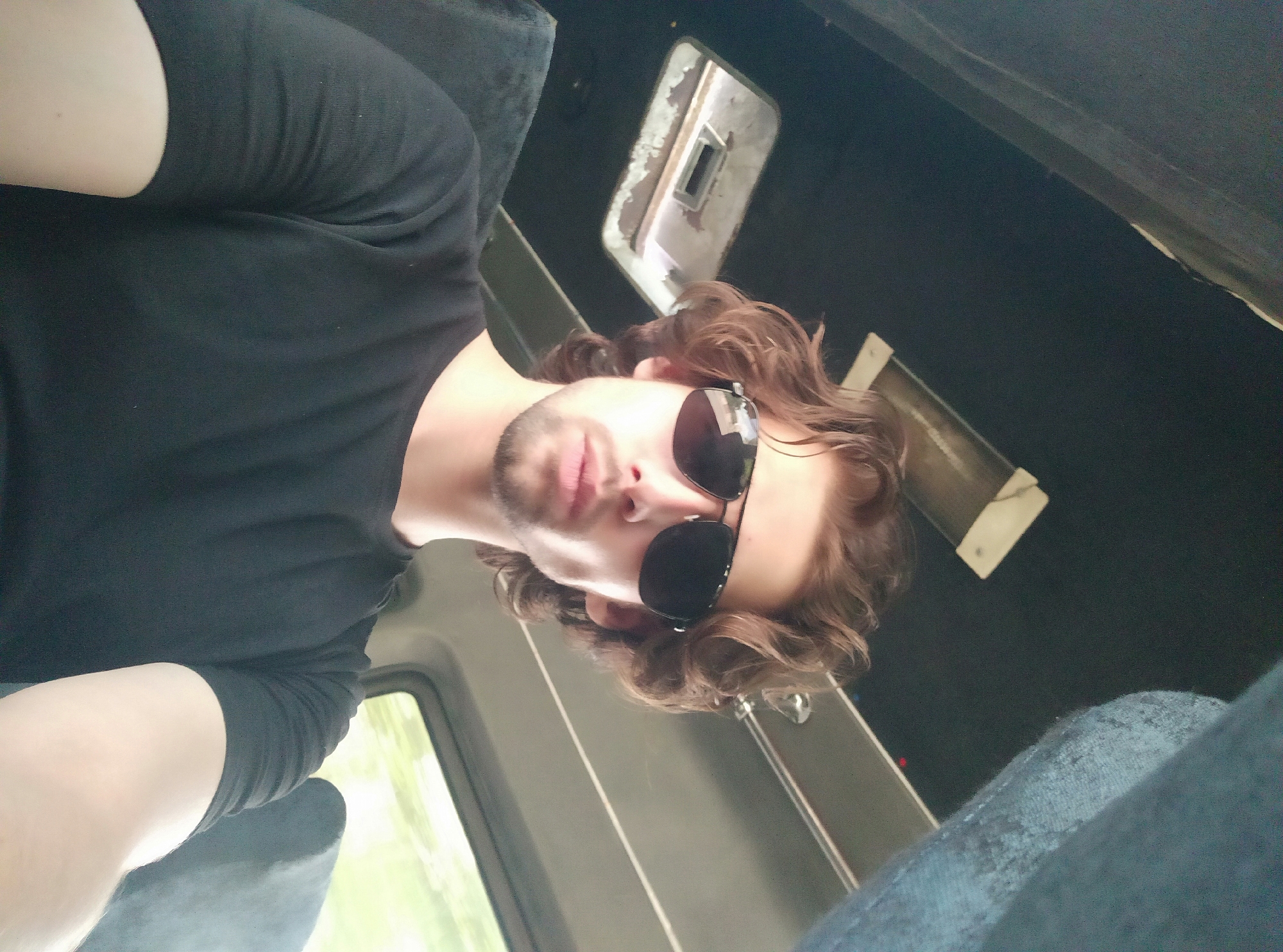 A young man with curly brown hair and a goatee is taking a selfie inside a vehicle. He is wearing a black t-shirt and dark sunglasses. The interior of the vehicle is visible, with dark upholstery on the ceiling and seats. A skylight is open in the ceiling. Outside the window, trees and greenery can be seen, suggesting a possibly rural or suburban setting rather than a dense urban area. The lighting indicates it is daytime. The photograph is taken from a low angle, looking up at the man. There is no information in the image to suggest the location is the city of Tiraspol, Moldova.