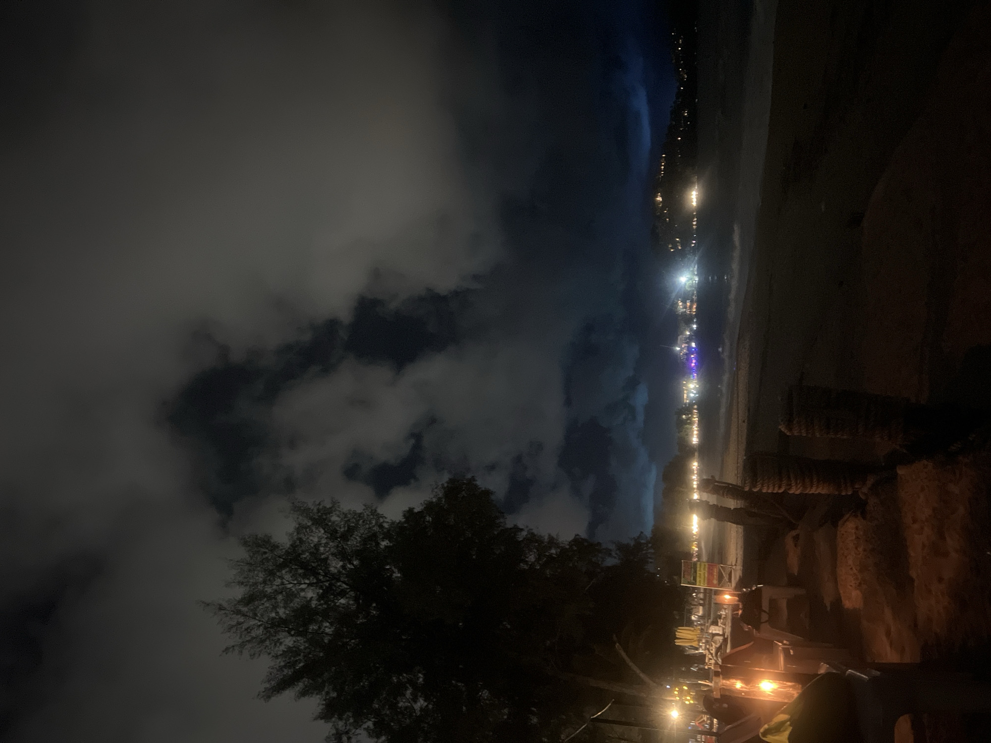 The image shows a nighttime scene, seemingly at a beach. The camera is oriented sideways. In the distance along the beach are a series of lights, potentially indicating a town or city. Nearer to the camera, structures suggestive of an outdoor dining area or market are visible with warm light emanating from them. The sky is filled with clouds. A large tree is positioned on the lower left of the image.