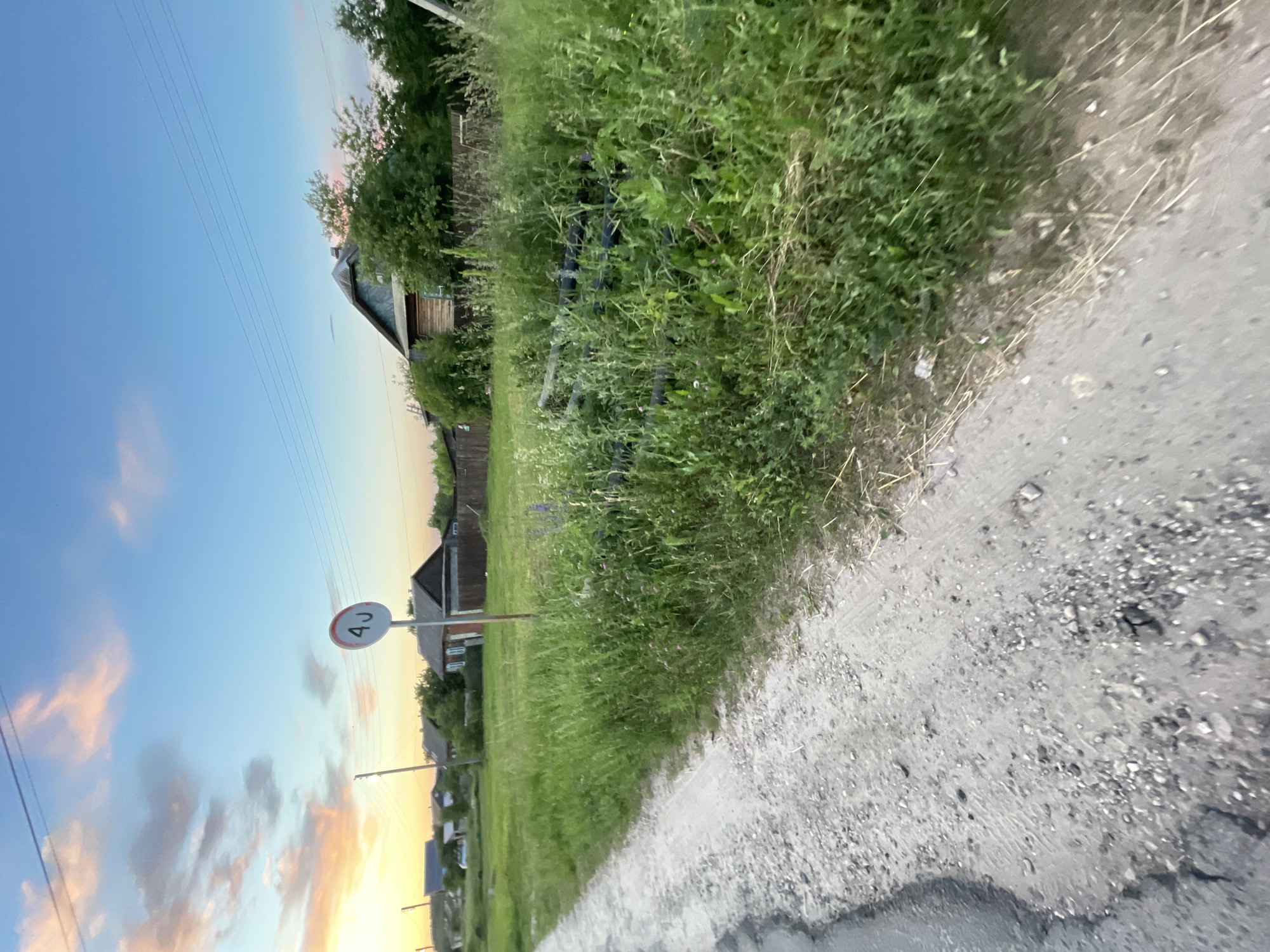 The image depicts a rural roadside scene at dusk in Krasnye Baki, Russia. A dirt and gravel road occupies the left foreground, with some asphalt patches visible. To the right of the road, a dense patch of green grass and foliage grows, containing several dark, cylindrical objects that appear to be pipes or logs. In the background, several wooden houses with dark roofs are visible, nestled amongst trees and greenery. A prominent white circular road sign with a red border and the number "40" in black is mounted on a pole to the left of the houses. The sky above is a gradient of blue, transitioning to soft pink and orange hues near the horizon, indicating the setting sun. Power lines are strung across the upper portion of the sky. The overall impression is one of a quiet, rural evening in a Russian village.