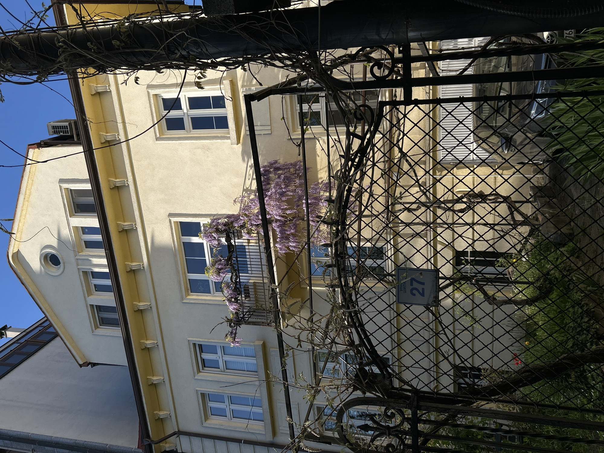 The image shows a building facade with cream-colored walls and white-framed windows, viewed through a decorative black metal gate with climbing vines. A balcony is visible with purple wisteria flowers cascading over the edge. A street sign is attached to the gate indicating the number "27". Based on the sign's Cyrillic lettering and architectural style, the location is likely in the city of Sofia, Bulgaria. The environment consists of urban greenery visible behind the gate.