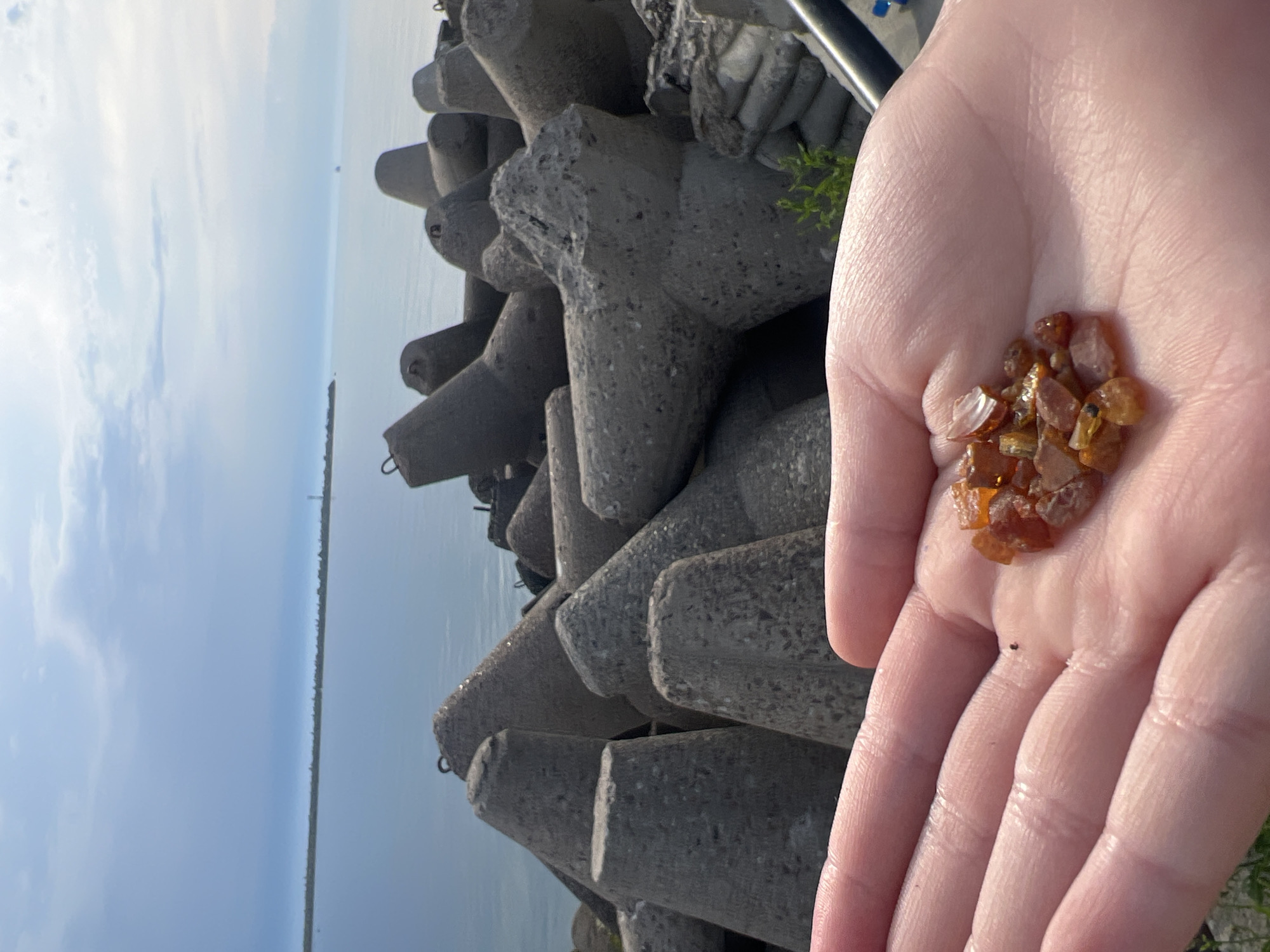 A person's open palm, displaying a collection of small, amber-colored stones, is held in the foreground. In the background, a breakwater constructed from numerous large, gray, concrete tetrapods stretches into a calm, blue sea under a cloudy sky. A distant lighthouse is visible on the horizon. The scene is located at the Baltiysk Sea Port in Baltiysk, Russia.