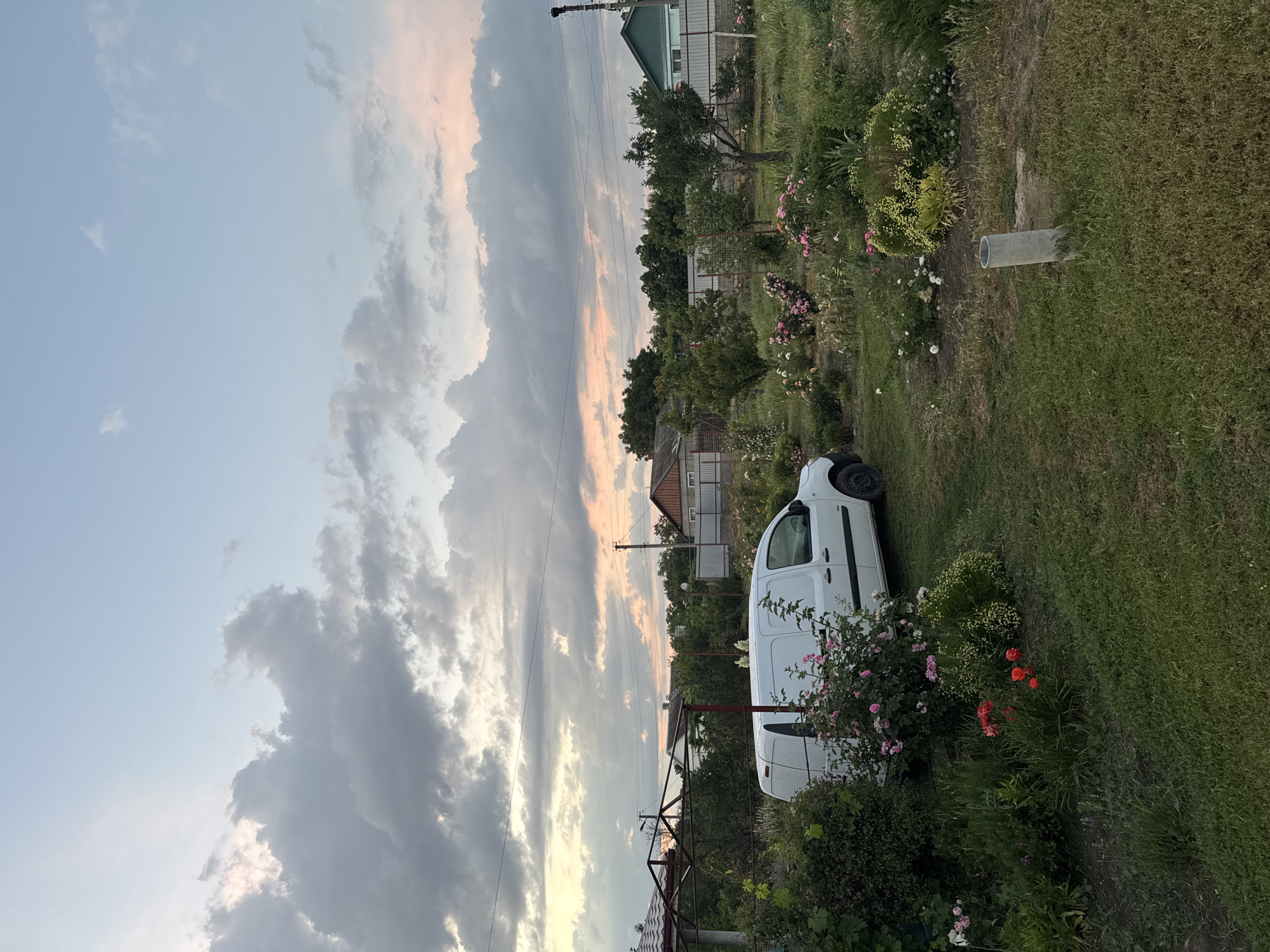 A white van is parked in a garden with a variety of flowers in bloom. The van is positioned on the left side of the image, facing towards the right. Pink and red roses are prominent among the other plants. In the background, there are several houses and trees, with a fence separating the garden from the neighboring properties. The sky above is filled with dramatic clouds, with hints of pink and orange suggesting it might be sunset or sunrise. The overall scene depicts a serene rural or suburban setting.