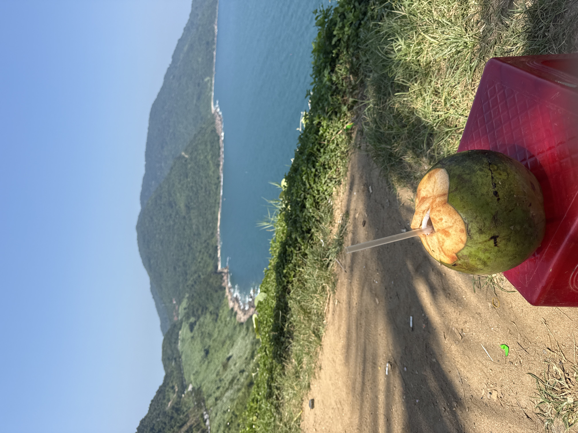 The image shows a coconut with a straw on a red plastic stool. The backdrop features a view of a coastline with a green, mountainous landscape meeting the ocean. The sky is clear blue. The foreground includes a dirt path with some grass. The location is likely within or near the city of Đà Nẵng, Vietnam, given the typical geography of the region, with mountains running alongside a coastline. There are no visible people.