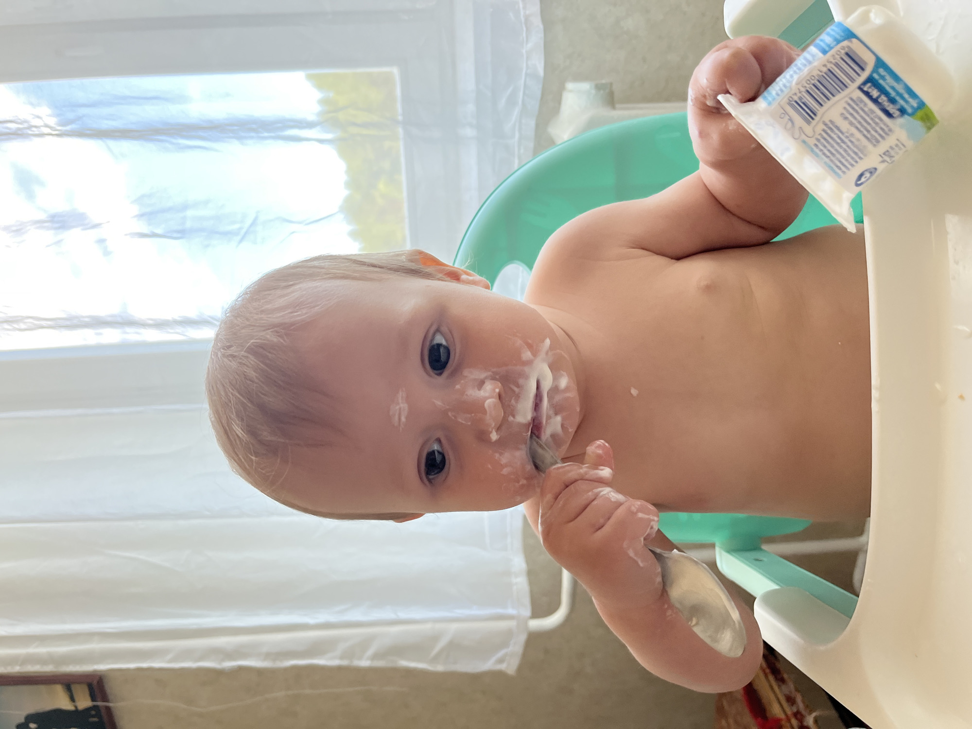 The image captures a close-up, vertically oriented view of a baby eating in a high chair indoors, illuminated by bright daylight. The baby, appearing to be a young toddler with light hair, is shirtless and has a white creamy substance, likely yogurt or a curd snack, smeared extensively around their mouth, nose, and cheeks.
The baby is seated in a high chair that is a combination of light teal-green and cream-colored plastic. In their right hand, they grasp a small, white and blue plastic pouch. Visible text on the pouch includes a barcode and several lines in what appears to be an Eastern Slavic language, translating to "Children's curd snack with vitamins," "from dairy raw materials," "pasteurized," and "50g." The baby's left hand holds a small metal spoon, also covered in the white substance, which they are bringing towards their mouth.
In the background, a window is prominent, covered by sheer white curtains or blinds, allowing bright natural light to flood the scene. The outdoor view through the window is mostly obscured but suggests a bright, possibly overcast, sky. The baby's expression is one of calm focus or concentration on their meal. The overall scene conveys a typical messy but endearing moment of an infant learning to eat independently. Given the product label, the location cues align with the provided context of Chaikovsky, Russia.