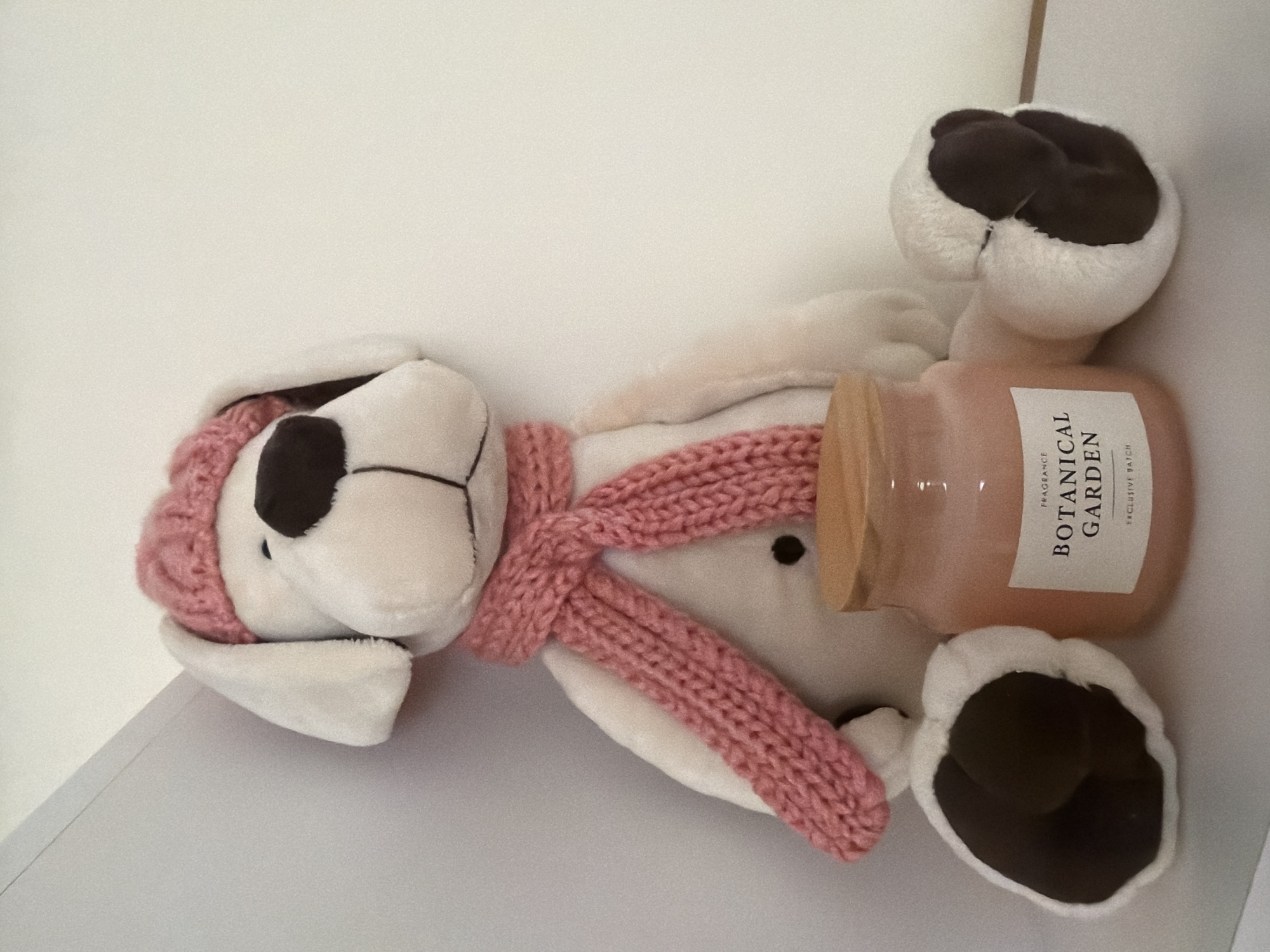 A white plush dog wearing a pink knitted hat and scarf sits on a white surface next to a pink scented candle with a wooden lid. The dog has a black nose and dark brown paw pads. The candle has a label that reads "FRAGRANCE BOTANICAL GARDEN EXCLUSIVE BATCH". The background is a plain white wall with a slight shadow on the left side. The scene is indoors, likely in a residential setting. There is no information to indicate a location in Pazardzhik, Bulgaria.