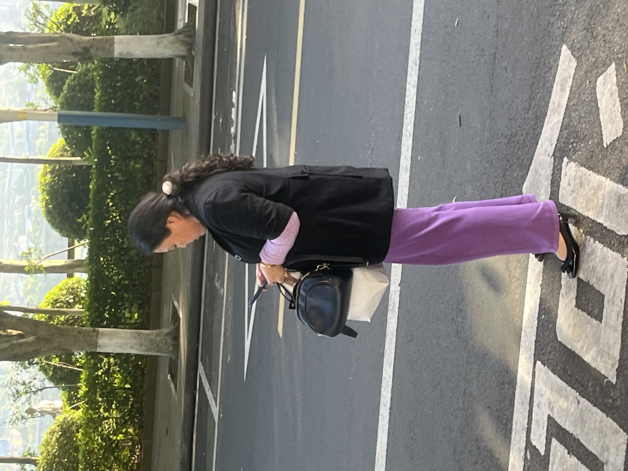 This image, captured in Jiangjin, China, features a woman standing outdoors on an asphalt surface, possibly a street or parking area. She is depicted from a slightly elevated and angled perspective, looking downwards at a smartphone held in both hands.
The woman has dark hair, styled with curls and a white hair accessory. She is dressed in a black long-sleeved jacket over a light purple long-sleeved top, paired with bright purple wide-leg pants and black flat shoes. She carries a black handbag on her left arm and a white shopping bag positioned beside it.
The scene appears to be set during the daytime under sunny conditions, indicated by the bright lighting and visible shadows. The asphalt ground has clear white painted markings, including straight lines and a larger, abstract geometric symbol. Along one side of the road, there's a dense line of green foliage and several trees. The lower trunks of these trees are visibly painted white. In the background, beyond the trees, a hazy landscape suggests distant hills or urban structures. A blue and yellow pole is also visible near the trees.
The overall impression is a candid moment of an individual engaged with her phone in a public outdoor space.