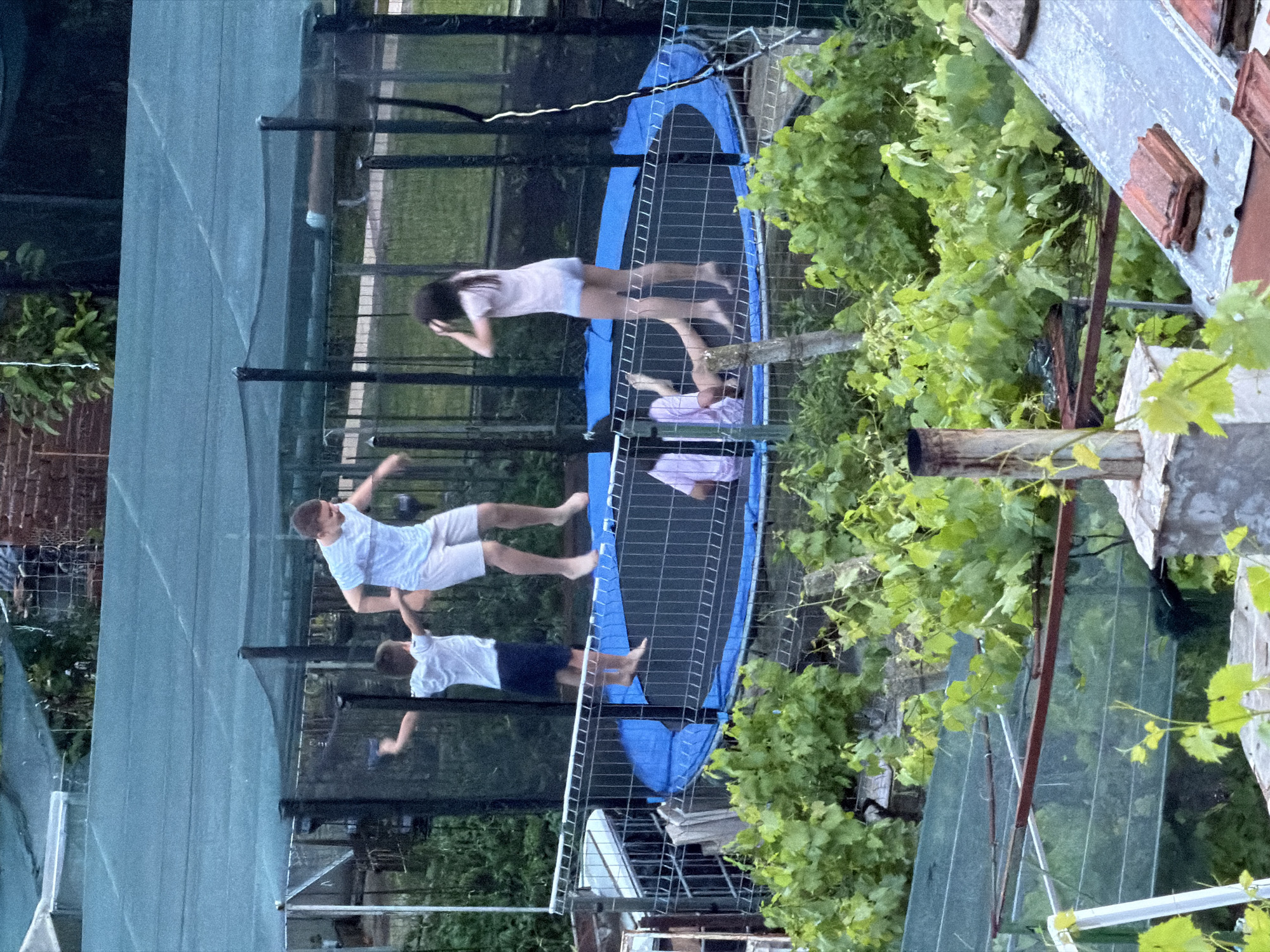 Three people are on a trampoline with a blue perimeter. They are surrounded by a safety net. The background includes greenery and part of a roof with red tiles. The location is Burgas, Bulgaria.