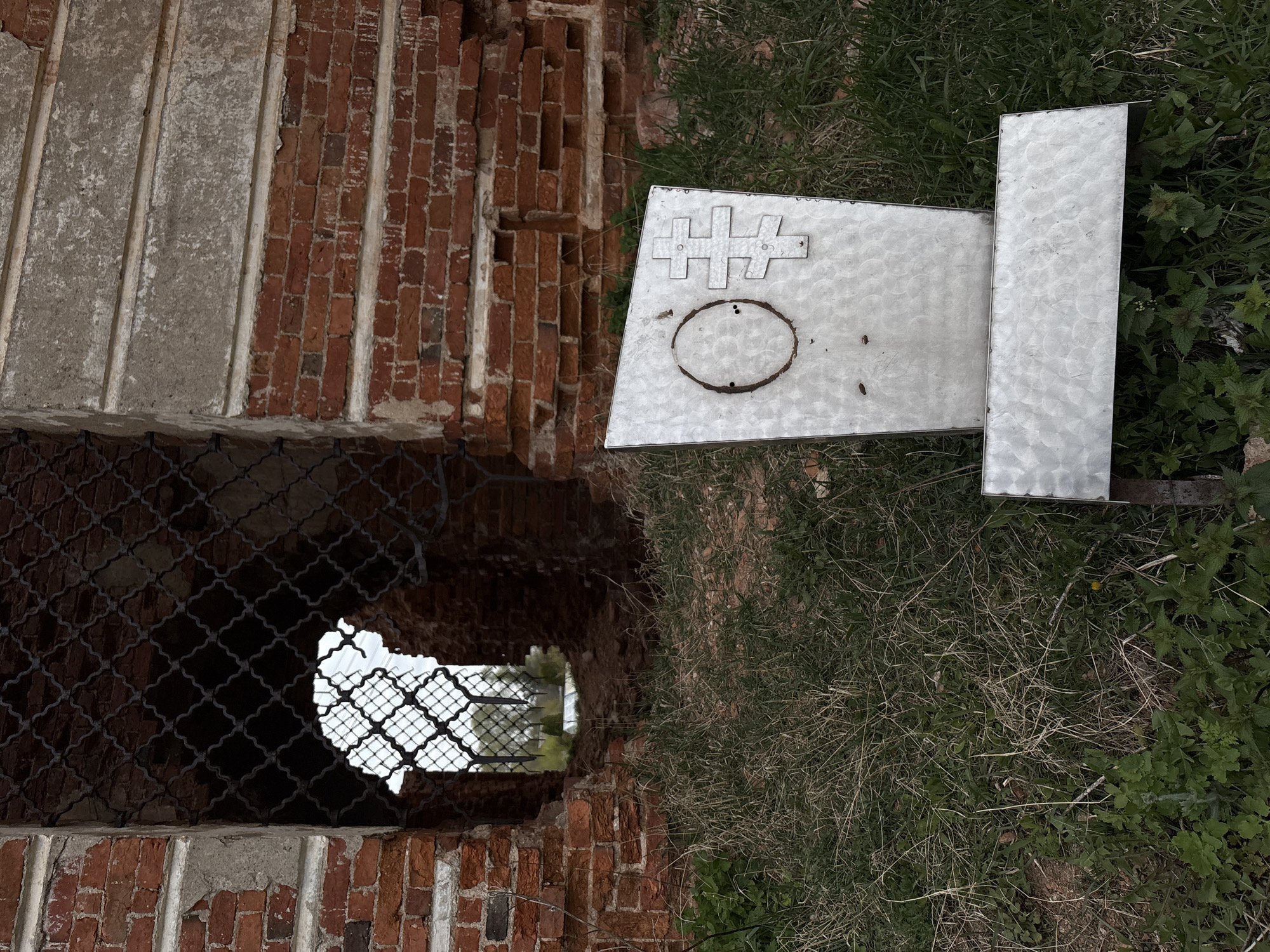 The image displays a scene in Staroe Rakomo, Russia, featuring a combination of an old, dilapidated red brick structure and a metal sign resting on grassy ground.
The primary subject on the left is a crumbling brick wall, characteristic of an ancient or ruined building. The red bricks are visible, with sections of deteriorating mortar and what appear to be older concrete repairs or decorative strips running vertically. Large openings, possibly windows or doorways, are present in the brickwork. One prominent opening in the foreground is partially covered by a dark, patterned metal mesh or grille, through which a brighter, indistinct area is visible beyond.
To the right, a silver-colored metal sign lies on the ground amidst wild grass and weeds. The sign is rectangular and features two distinct shapes cut out or etched into its surface. Near the top, a horizontal pattern resembling interconnected hash symbols or a stylized fence is present. Below this, a large, empty oval shape is visible, containing a few small holes. The surface of the metal sign has a brushed or swirled texture.
The ground around the sign and the base of the brick structure is covered with a mix of green and dry grass, along with various leafy weeds. The lighting suggests a daytime setting, possibly overcast, as there are no strong shadows. The scene evokes a sense of decay and history, with the old brickwork slowly succumbing to time and nature. There are no people visible, and no discernible text appears on the sign or elsewhere in the image.