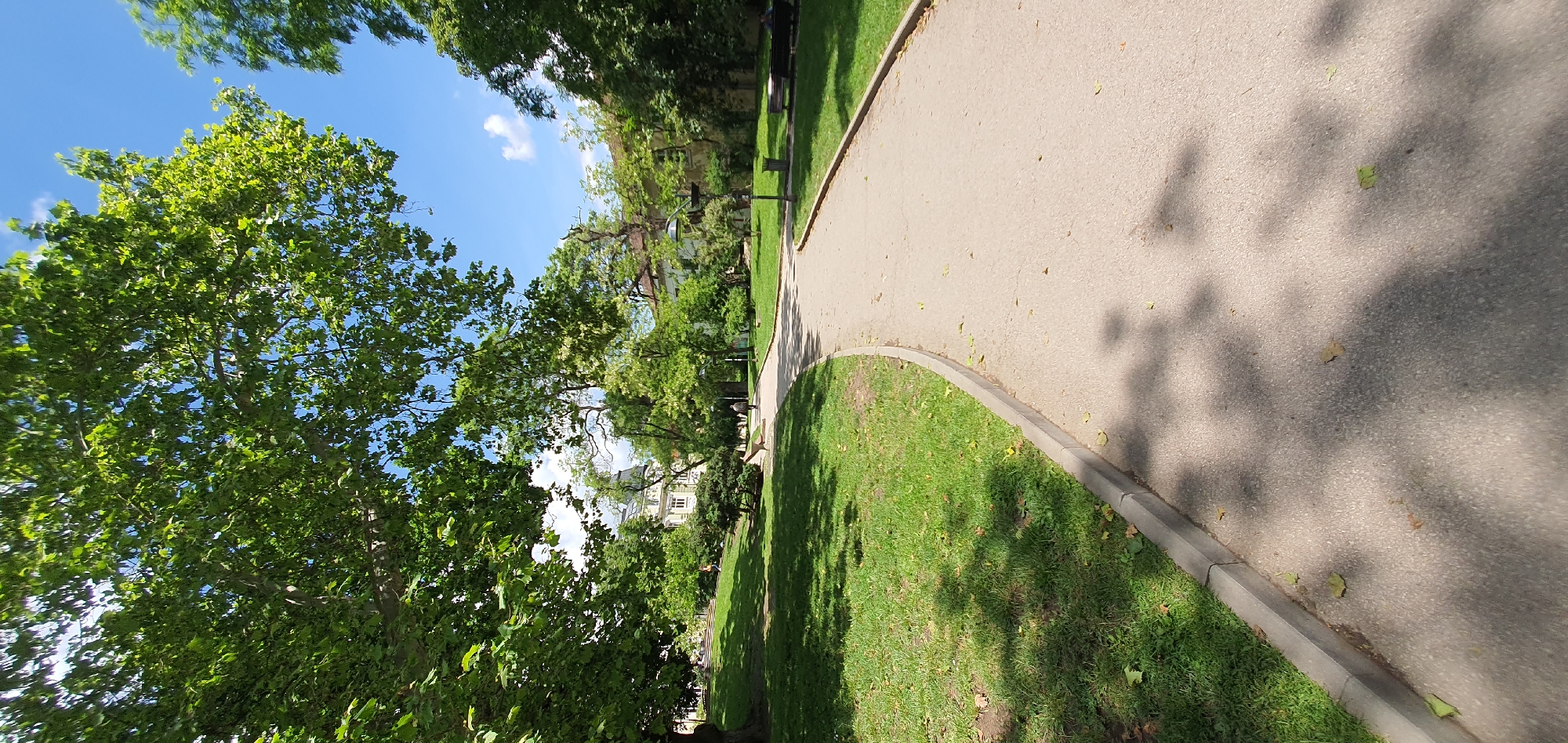 The image shows a pathway in a park. The path is made of light gray concrete and has a concrete curb along the side. Green grass grows alongside the path, with shadows from trees cast upon it. Trees line both sides of the pathway, with some foliage visible against a blue sky. In the background, a building with a white facade can be partially seen through the trees. The photograph appears to be taken during the daytime.