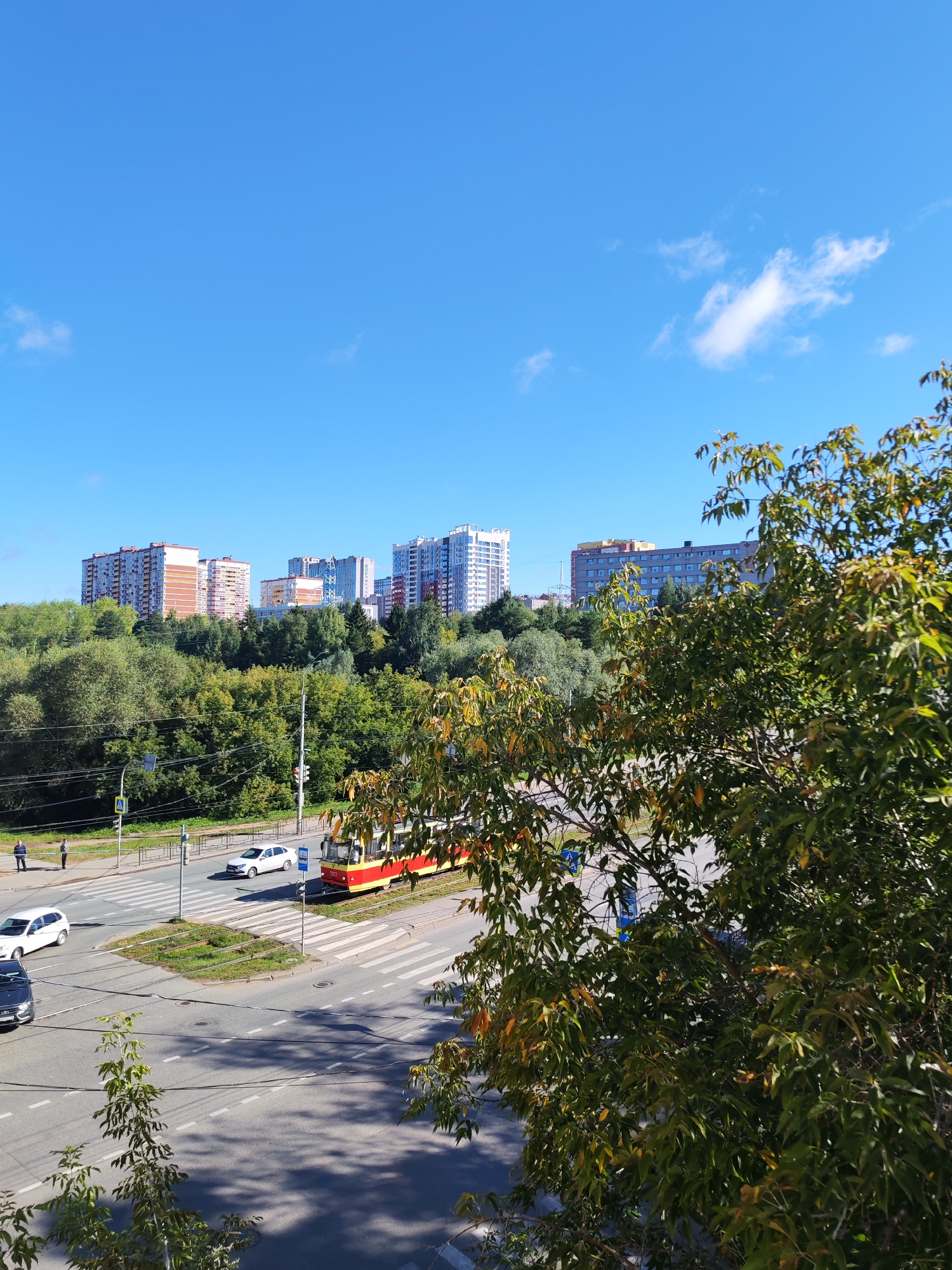 The image depicts an aerial view of a street intersection in Izhevsk, Russia, on a clear, sunny day. The sky is a vibrant blue with scattered white clouds. In the foreground, a large tree with green and yellowing leaves partially obscures the view.
The intersection features a pedestrian crossing, marked by white stripes on the asphalt. Several vehicles are visible: a white car is stopped at the crossing, another white car is turning left, and a black car is in the process of turning. A red and yellow tram is also present, stopped at the intersection. Two pedestrians are standing on the sidewalk near the tram.
Behind the intersection, a lush green forest canopy stretches across the middle ground, dotted with a few tall trees. Beyond the forest, a row of multi-story residential buildings lines the horizon. These buildings vary in architectural style and color, with some featuring balconies and windows. Traffic lights and street lamps are also visible along the road. The overall scene suggests a typical urban environment with a blend of residential areas, green spaces, and transportation infrastructure.